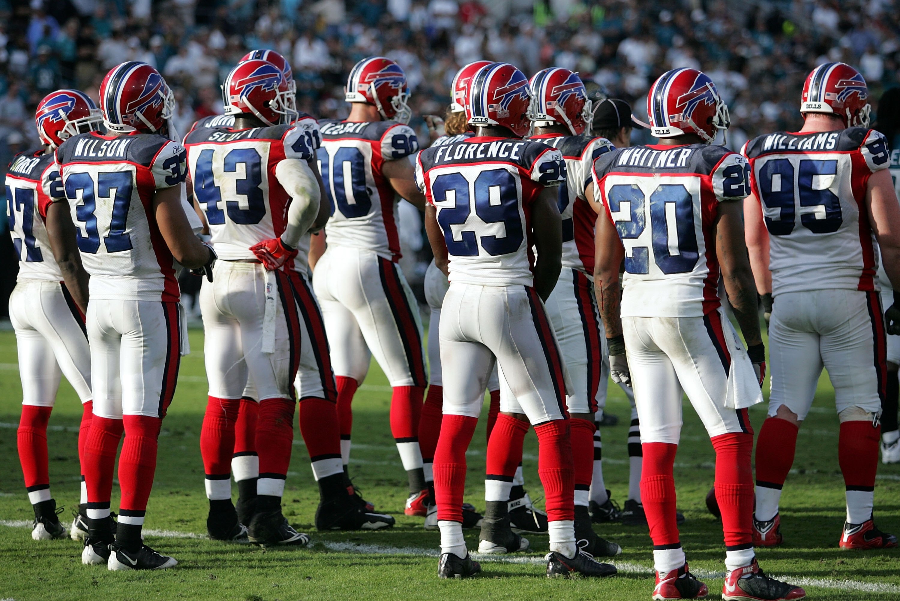 JACKSONVILLE, FL - NOVEMBER 22:  The Buffalo Bills defense against the Jacksonville Jaguars at Jacksonville Municipal Stadium on November 22, 2009 in Jacksonville, Florida.  (Photo by Marc Serota/Getty Images)
