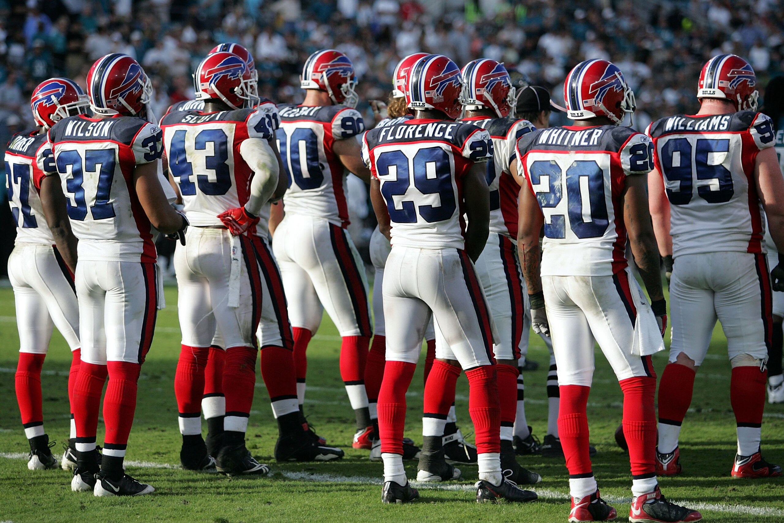JACKSONVILLE, FL - NOVEMBER 22:  The Buffalo Bills defense against the Jacksonville Jaguars at Jacksonville Municipal Stadium on November 22, 2009 in Jacksonville, Florida.  (Photo by Marc Serota/Getty Images)