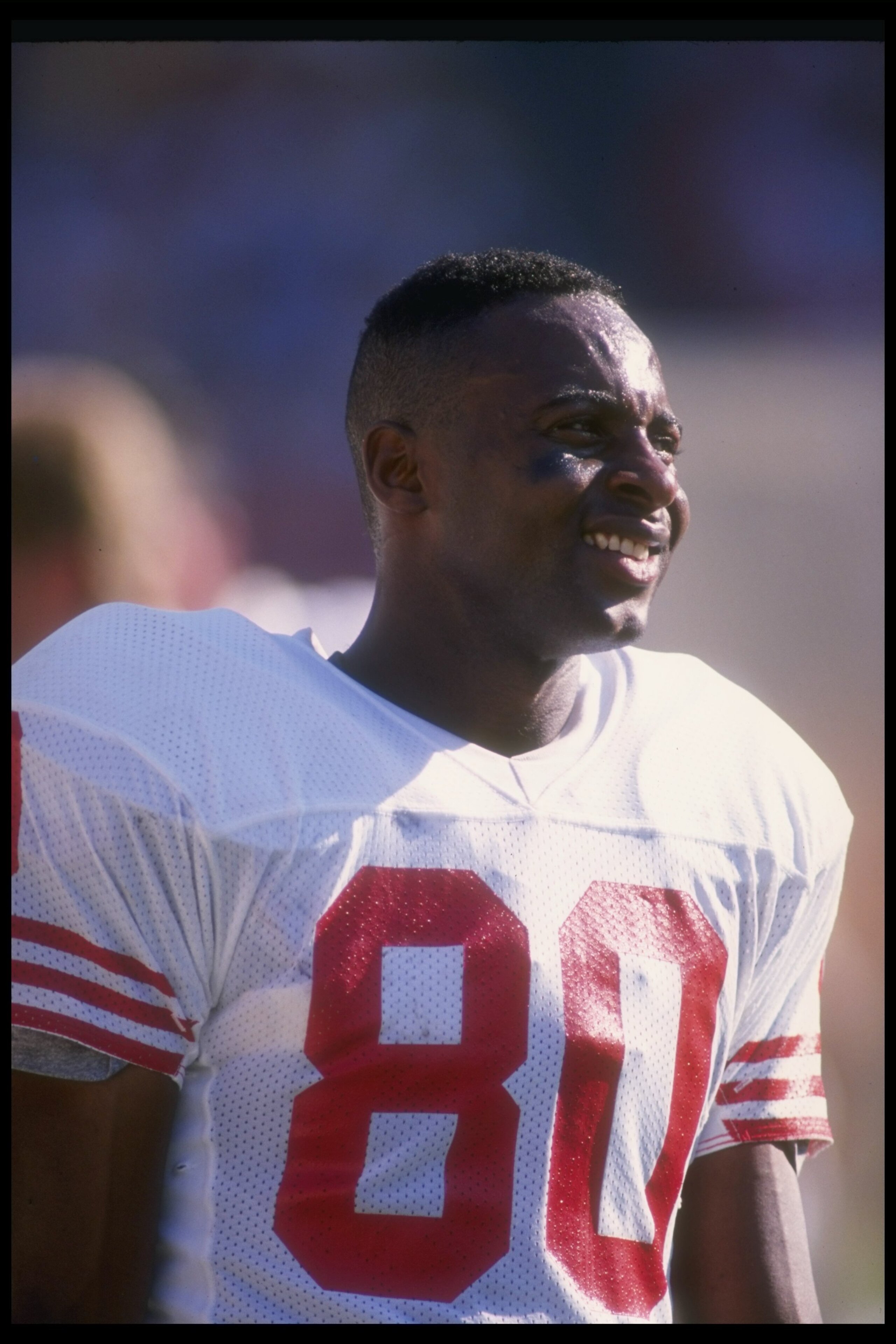 16 Oct 1988:  Wide receiver Jerry Rice of the San Francisco 49ers looks on during a game against the Los Angeles Rams at Anaheim Stadium in Anaheim, California.  The 49ers won the game, 24-21. Mandatory Credit: Mike Powell  /Allsport