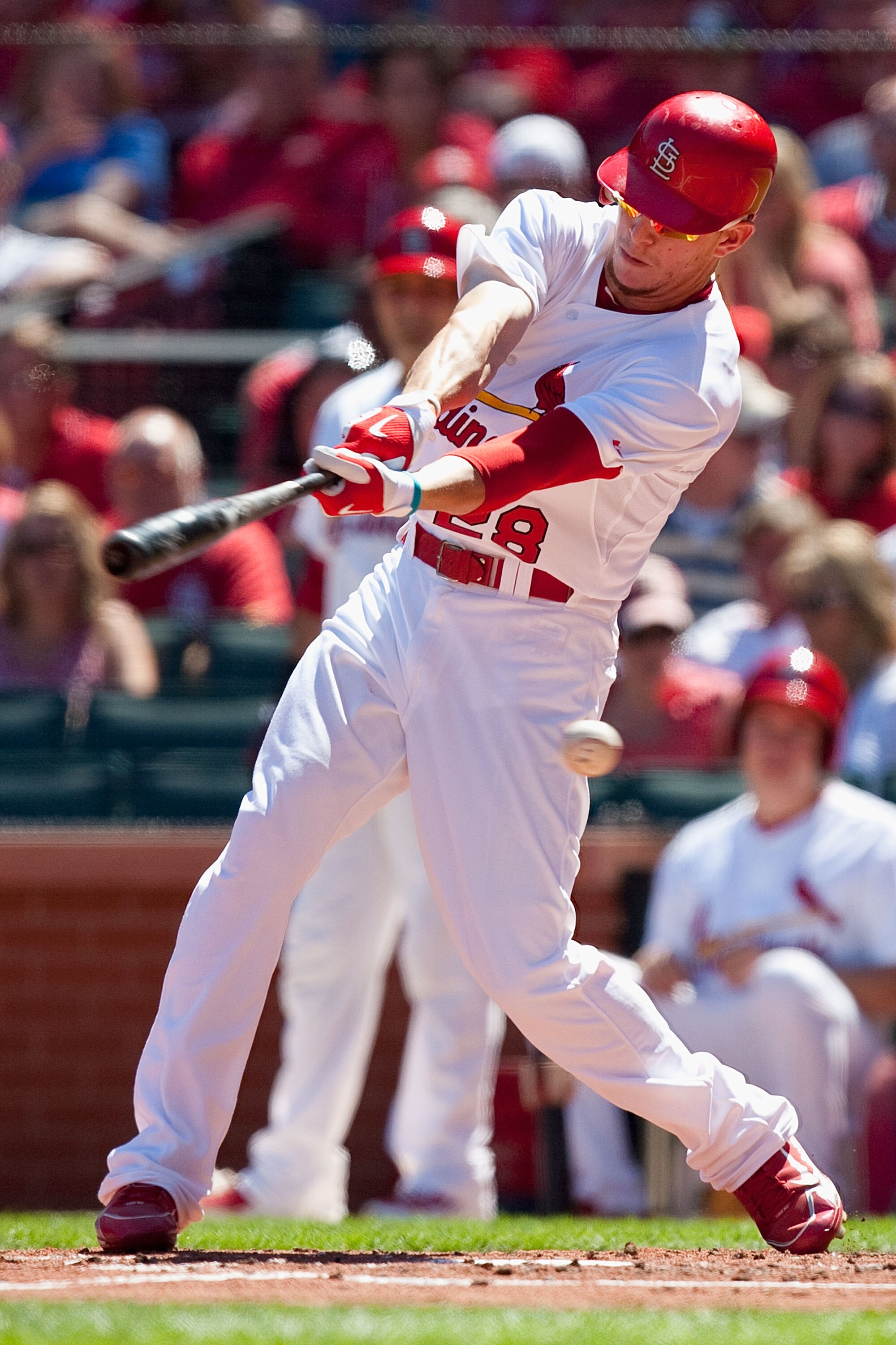 ST. LOUIS - SEPTEMBER 5: Colby Rasmus #28 of the St. Louis Cardinals strikes out against the Cincinnati Reds at Busch Stadium on September 5, 2010 in St. Louis, Missouri.  The Cardinals beat the Reds 4-2.  (Photo by Dilip Vishwanat/Getty Images)