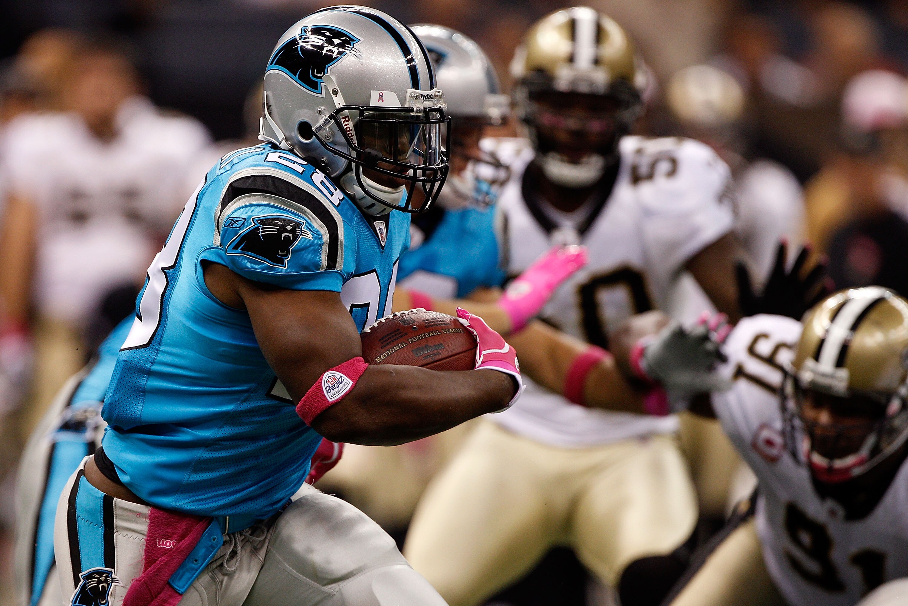 NEW ORLEANS - OCTOBER 03:  Jonathan Stewart #28 of the Carolina Panthers in action during the game against the New Orleans Saints at the Louisiana Superdome on October 3, 2010 in New Orleans, Louisiana.  (Photo by Chris Graythen/Getty Images)