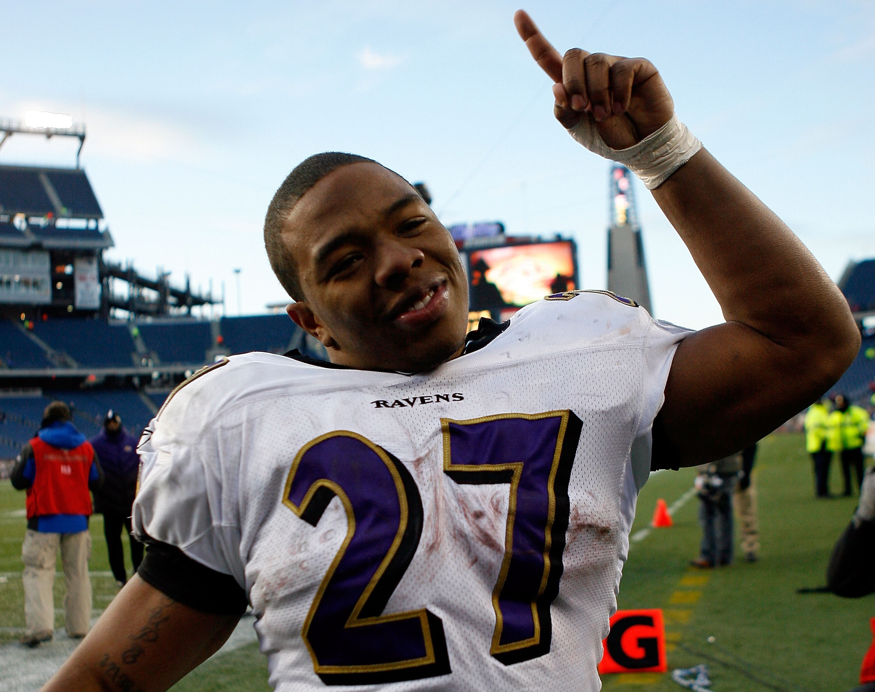 FOXBORO, MA - JANUARY 10:  Ray Rice #27 of the Baltimore Ravens celebrates as he walks off of the field after their 33-14 win against the New England Patriots during the 2010 AFC wild-card playoff game at Gillette Stadium on January 10, 2010 in Foxboro, M