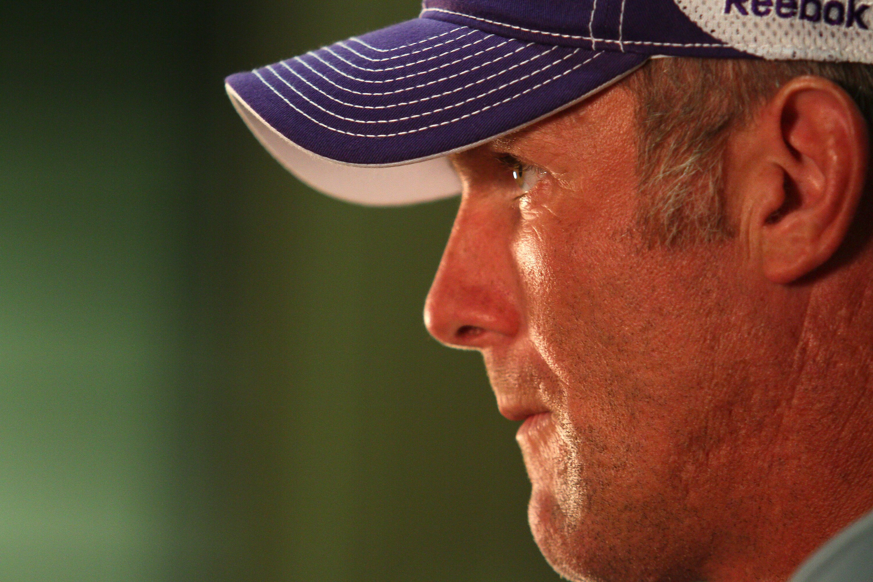 EDEN PRAIRIE, MN - AUGUST 18: Minnesota Vikings quarterback Brett Favre addresses the media at a press conference after the first morning practice since returning to Vikings Winter Park on August 18, 2010 in Eden Prairie, Minnesota. Favre injured his ankl