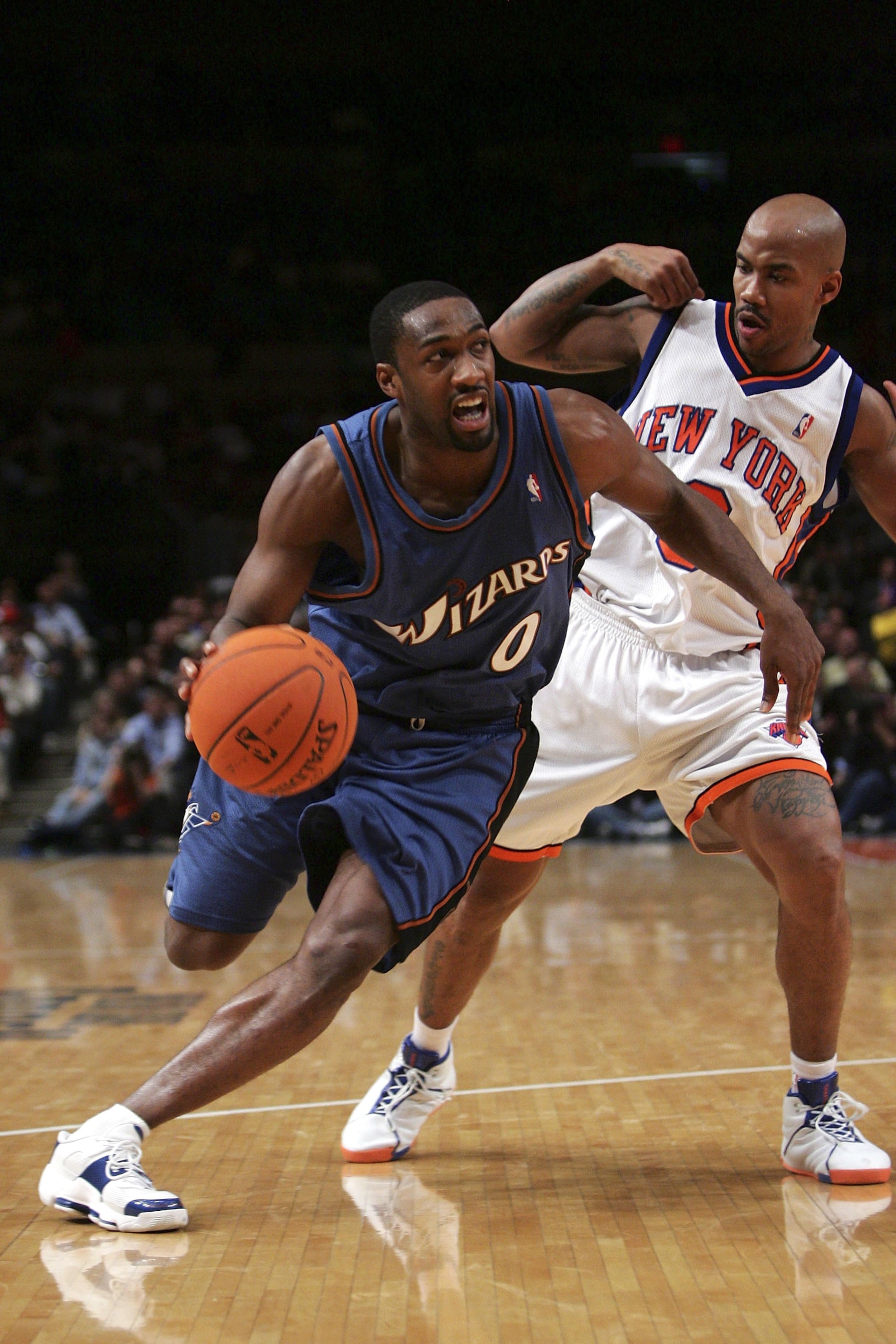 NEW YORK - DECEMBER 06: Gilbert Arenas #0 of the Washington Wizards drives past Stephon Marbury #3 of the New York Knicks on December 06, 2006 at Madison Square Garden in New York City. NOTE TO USER: User expressly acknowledges and agrees that, by downlo NEW YORK - DECEMBER 06: Gilbert Arenas #0 of the Washington Wizards drives past Stephon Marbury #3 of the New York Knicks on December 06, 2006 at Madison Square Garden in New York City. NOTE TO USER: User expressly acknowledges and agrees that, by downlo