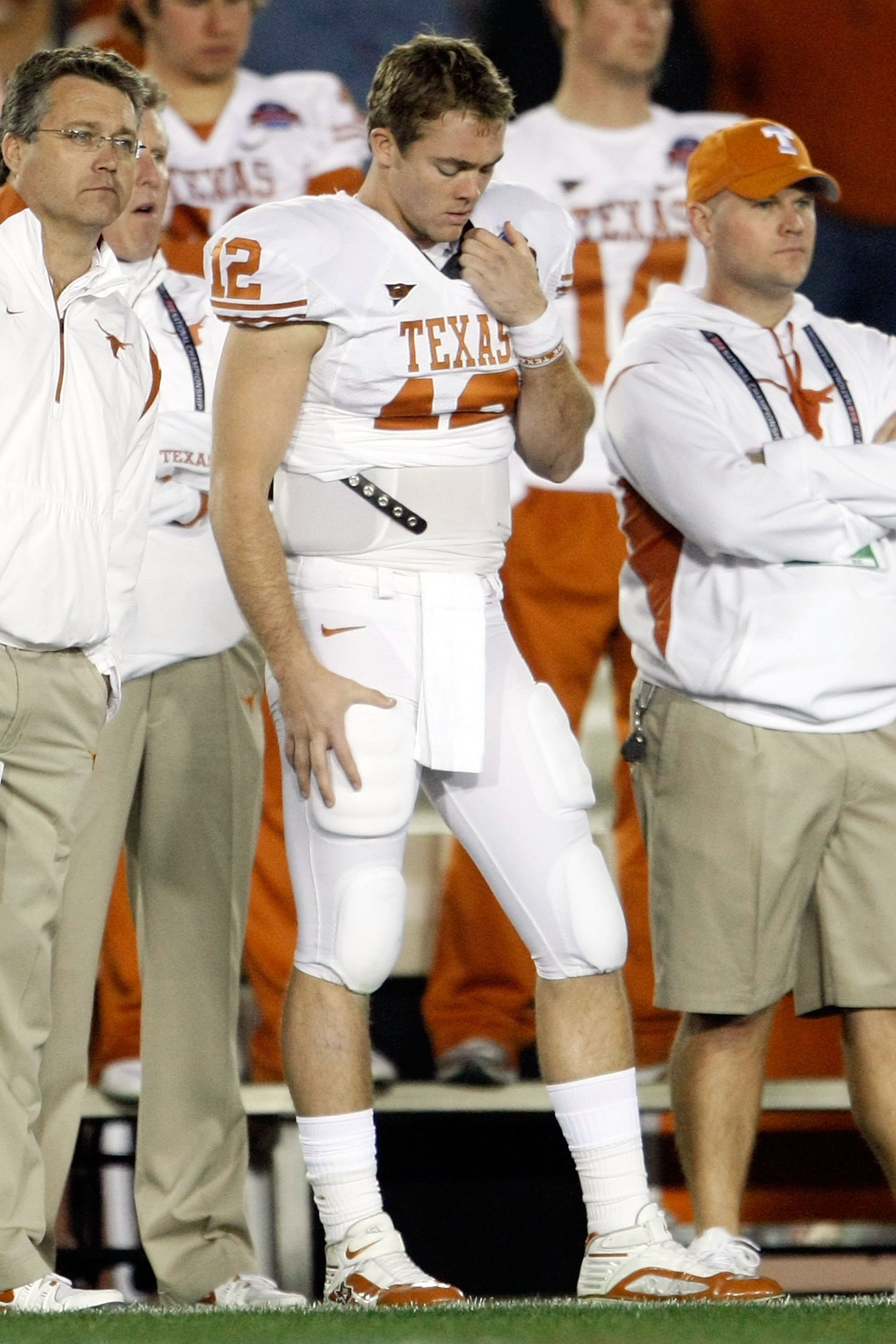 PASADENA, CA - JANUARY 07:  Quarterback Colt McCoy #12 of the Texas Longhorns looks on during the sideline in the fourth quarter against the Alabama Crimson Tide in the Citi BCS National Championship game at the Rose Bowl on January 7, 2010 in Pasadena, C