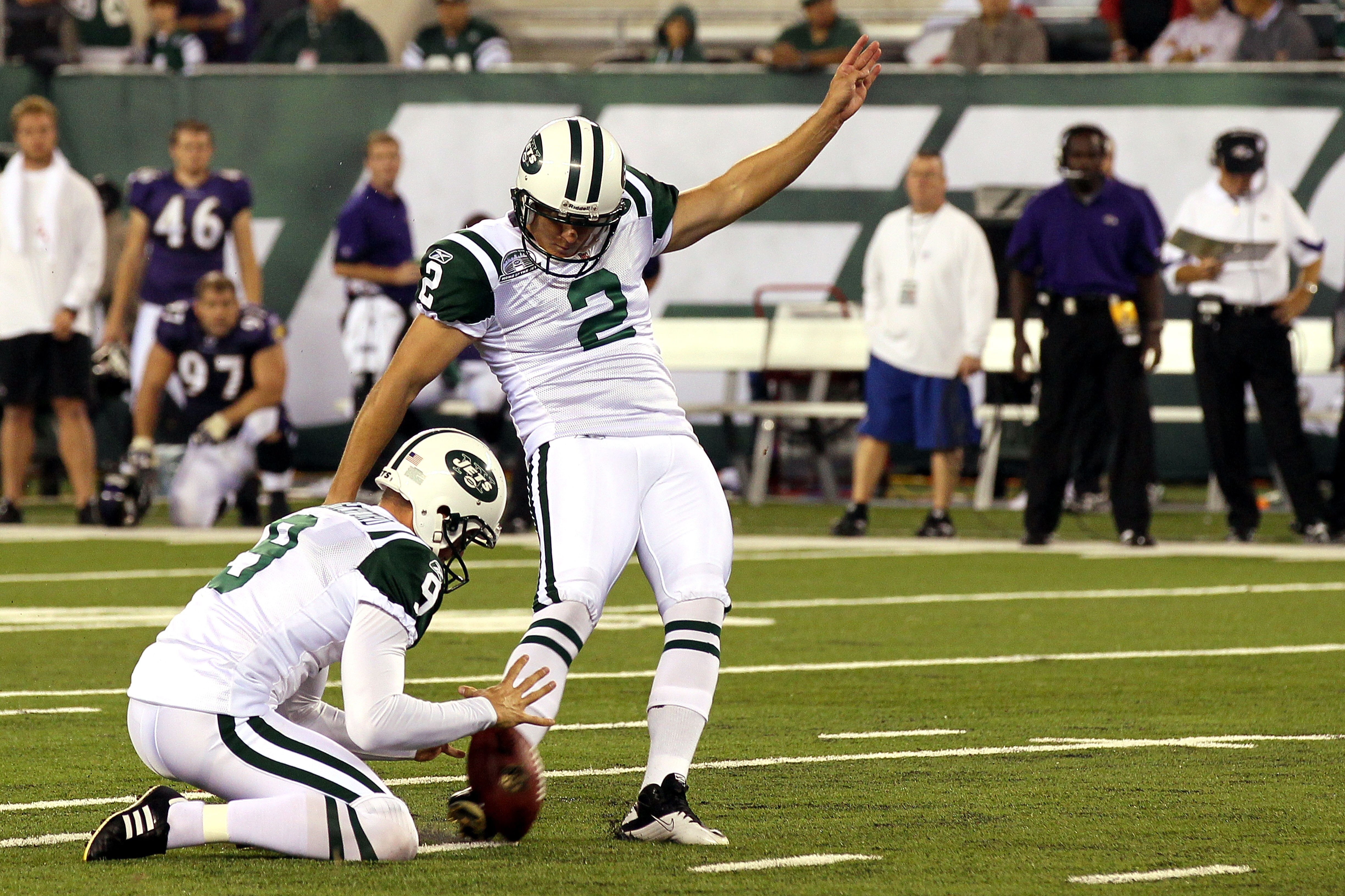 EAST RUTHERFORD, NJ - SEPTEMBER 13:  Nick Folk #2 of the New York Jets kicks a field goal against the Baltimore Ravens during their home opener at the New Meadowlands Stadium on September 13, 2010 in East Rutherford, New Jersey.  (Photo by Jim McIsaac/Get