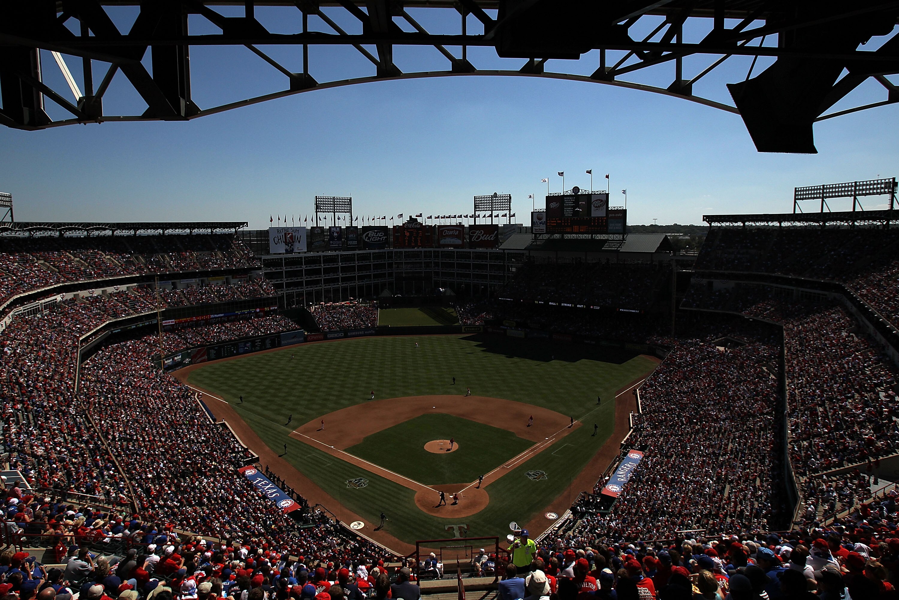 ARLINGTON, TX - OCTOBER 10:  The Tampa Bay Rays at bat against the Texas Rangers during game 4 of the ALDS at Rangers Ballpark in Arlington on October 10, 2010 in Arlington, Texas.  (Photo by Ronald Martinez/Getty Images)