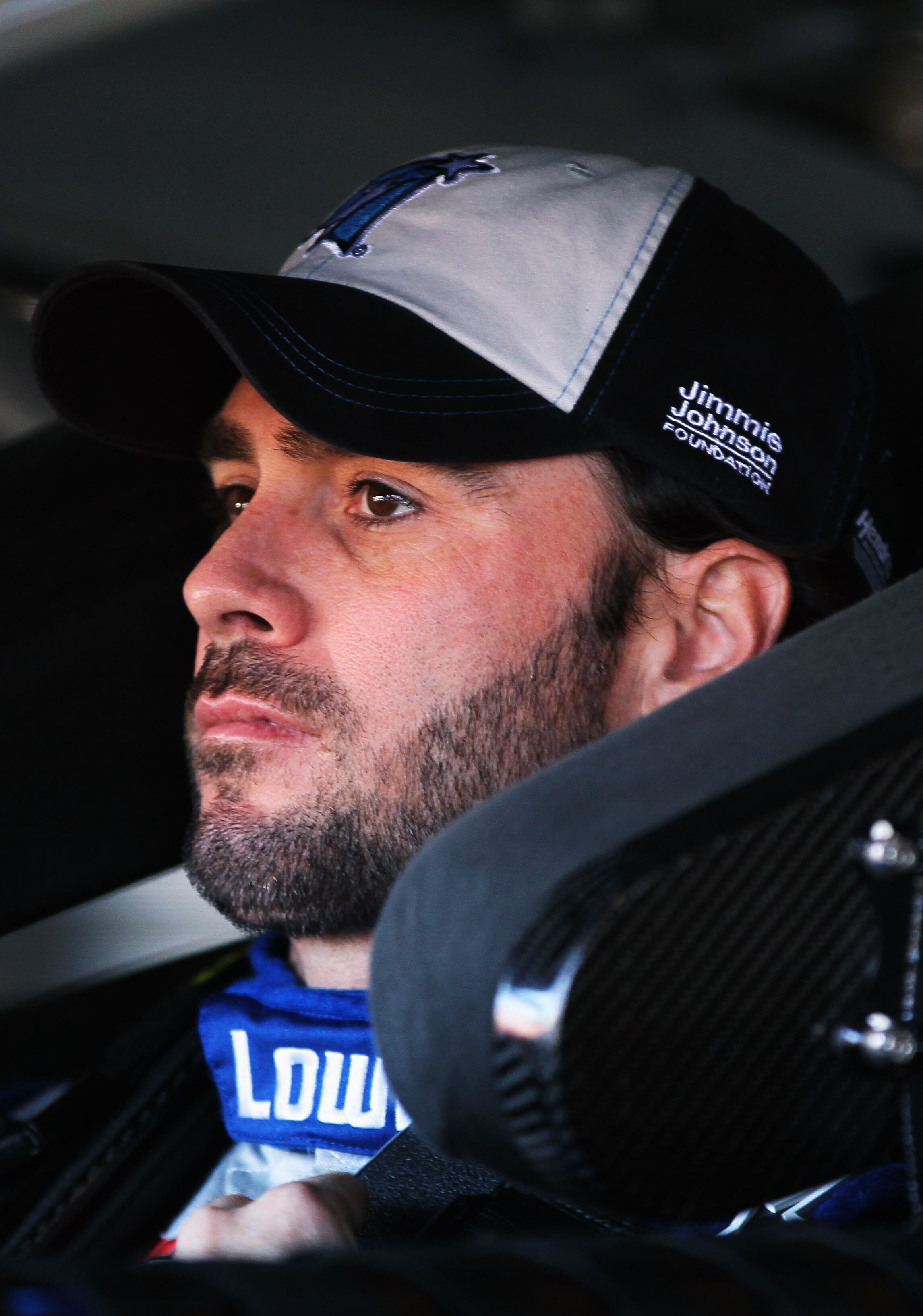 FONTANA, CA - OCTOBER 09:  Jimmie Johnson, driver of the #48 Lowe's/Jimmie Johnson Foundation Chevrolet, sits in his car during practice for the NASCAR Sprint Cup Series Pepsi Max 400 on October 9, 2010 in Fontana, California.  (Photo by Jeff Gross/Getty
