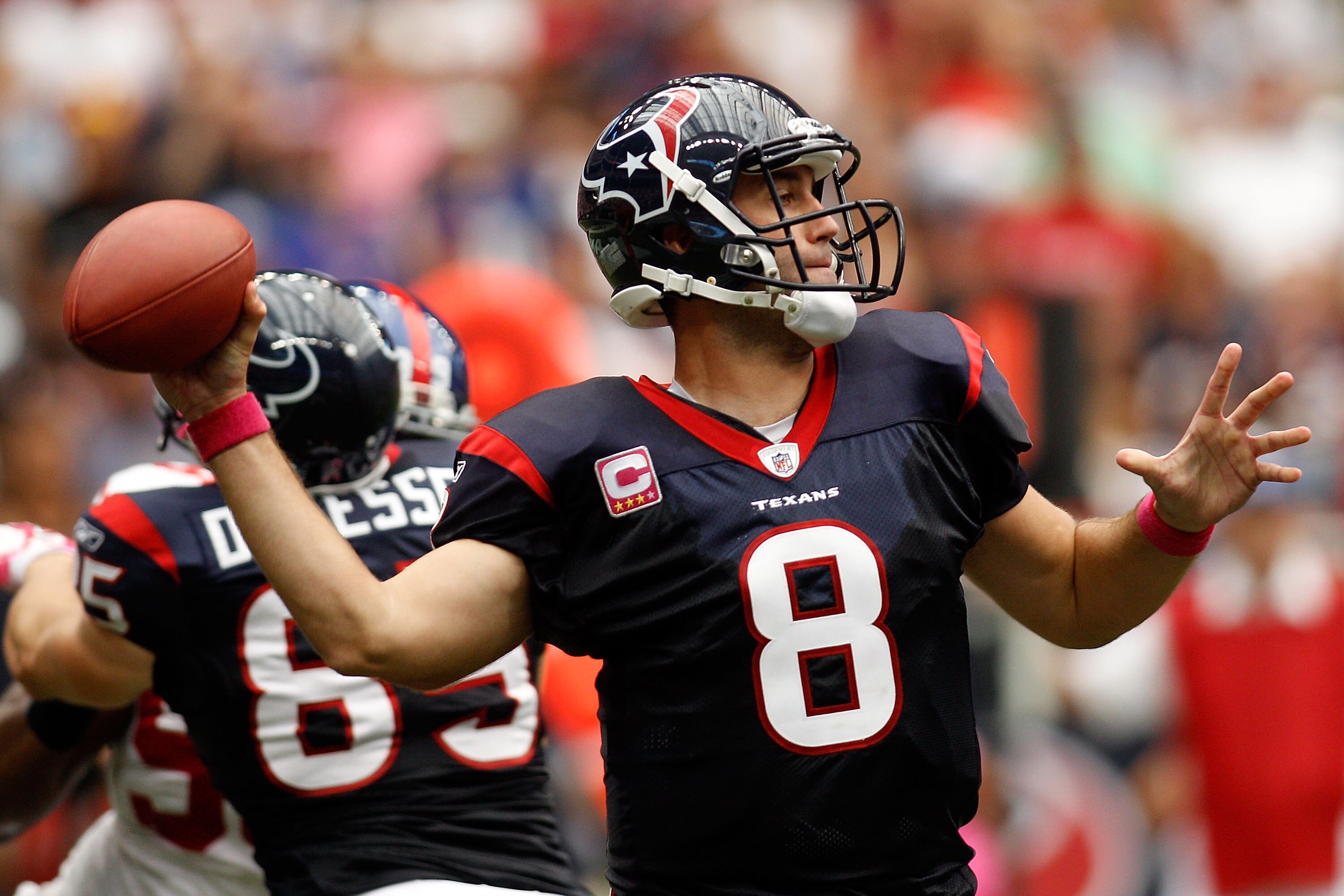 HOUSTON - OCTOBER 10:  Matt Schaub #8 of the Houston Texans throws the ball during the game against the New York Giants at Reliant Stadium on October 10, 2010 in Houston, Texas.  (Photo by Chris Graythen/Getty Images)