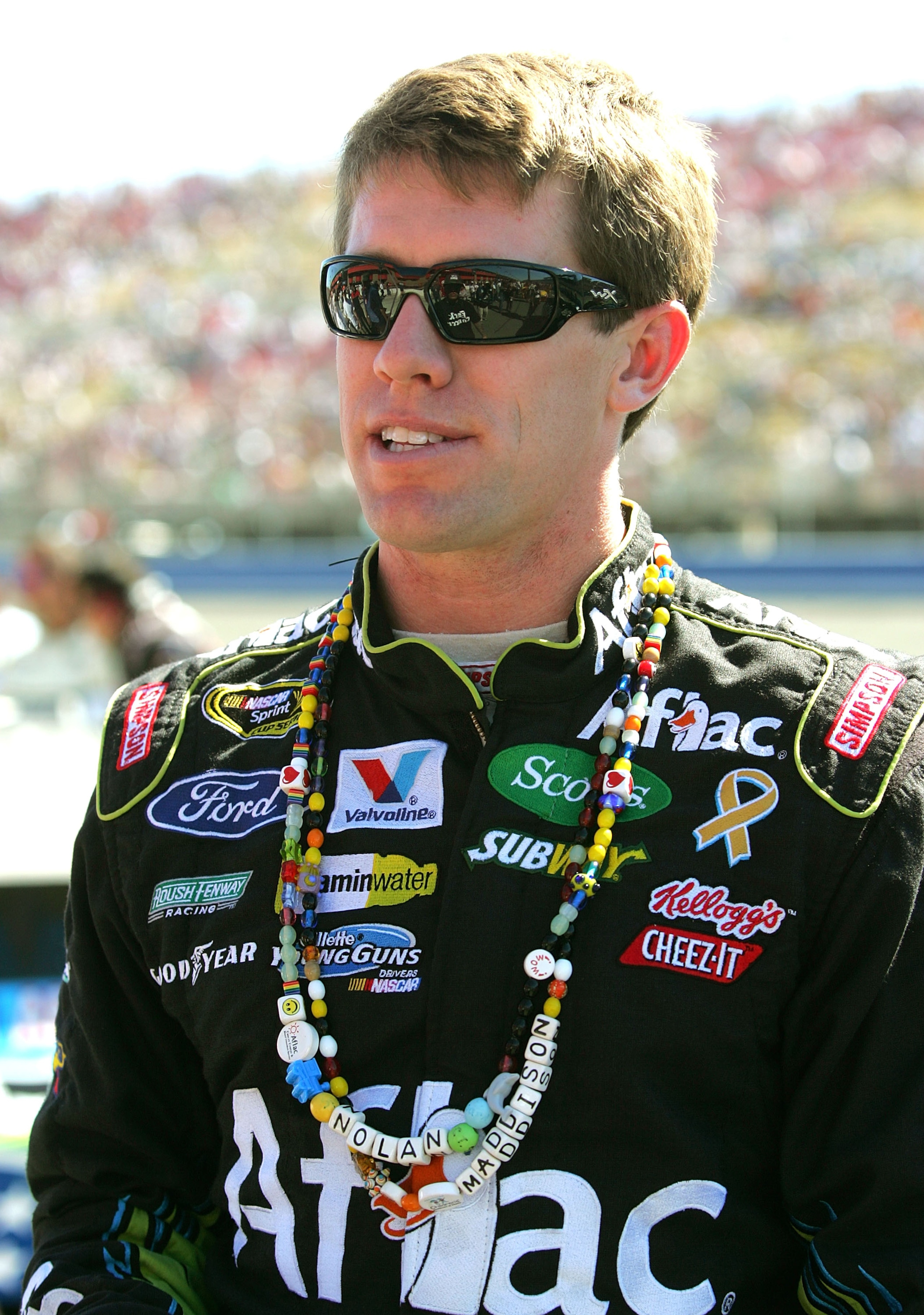 FONTANA, CA - OCTOBER 10:  Carl Edwards, driver of the #99 AFLAC Ford, waits on pit road priot to the NASCAR Sprint Cup Series Pepsi Max 400 on October 10, 2010 in Fontana, California.  (Photo by Jerry Markland/Getty Images for NASCAR)