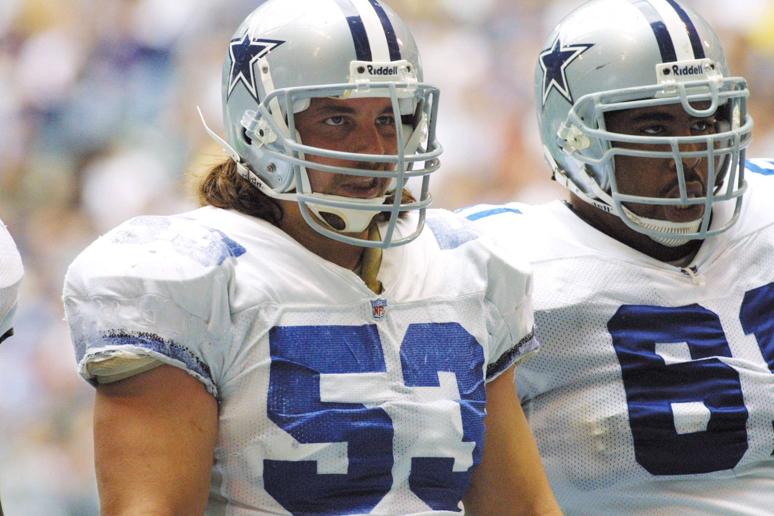 18 Nov 2001:  Mark Stepnoski #53 and teammate Kelvin Garmon #61 of the Dallas Cowboys look on during the game against the Philadelphia Eagles at Texas Stadium in Irving, TX.  The Eagles defeat the Cowboys 36-3. DIGITAL IMAGE. Mandatory Credit: Ronald Mart