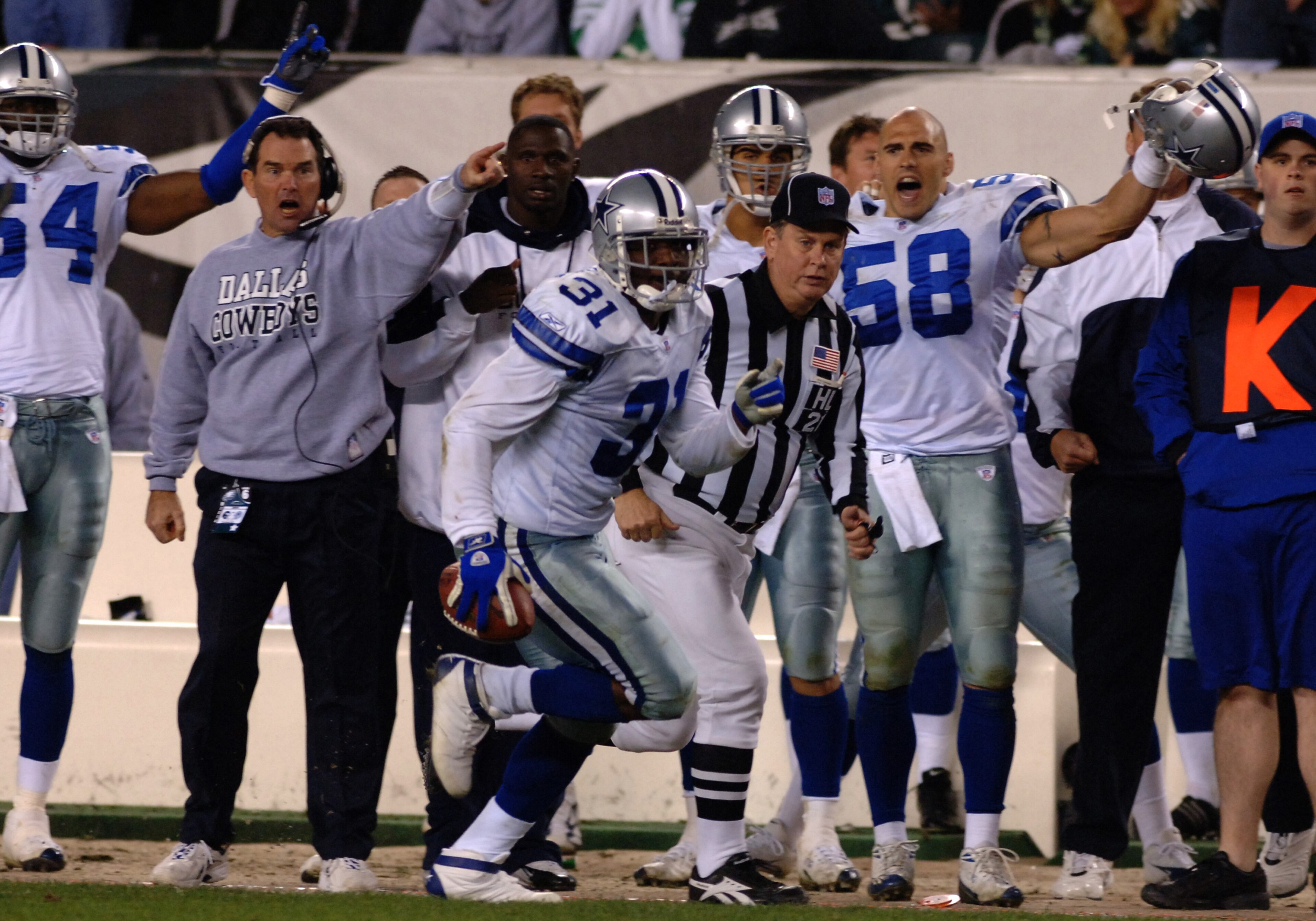 Dallas Cowboys safety Roy Williams intercepts a pass and scores the winning  touchdown in the fourth quarter  comeback against the Philadelphia Eagles November 14, 2005 at Lincoln Financial Field in Philadelphia. The Cowboys defeated the Eagles 21 - 20.