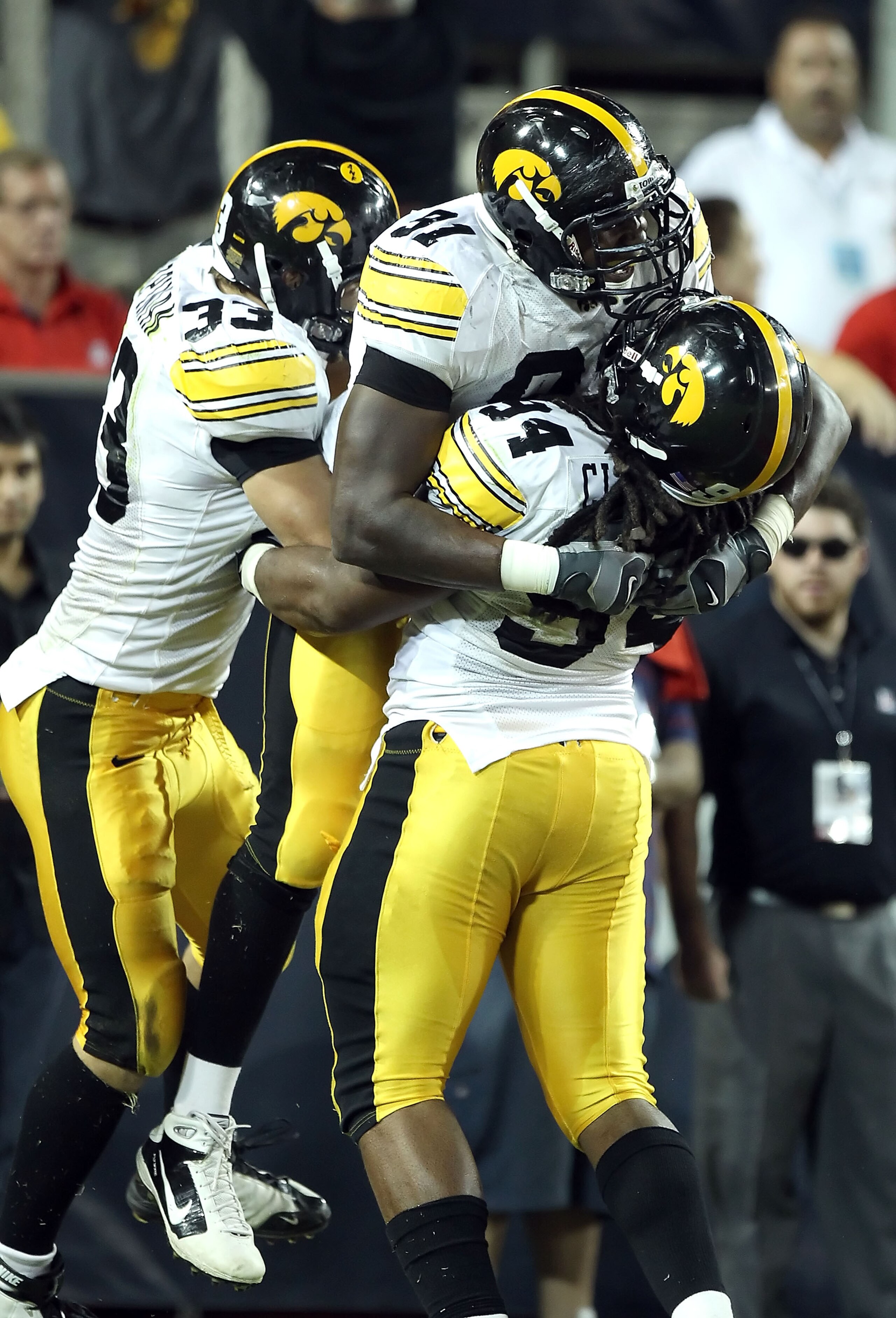 TUCSON, AZ - SEPTEMBER 18:  Defensive end Broderick Binns #91 of the Iowa Hawkeyes celebrates after scoring a touchdown during the college football game against the Arizona Wildcats at Arizona Stadium on September 18, 2010 in Tucson, Arizona. The Wildcats