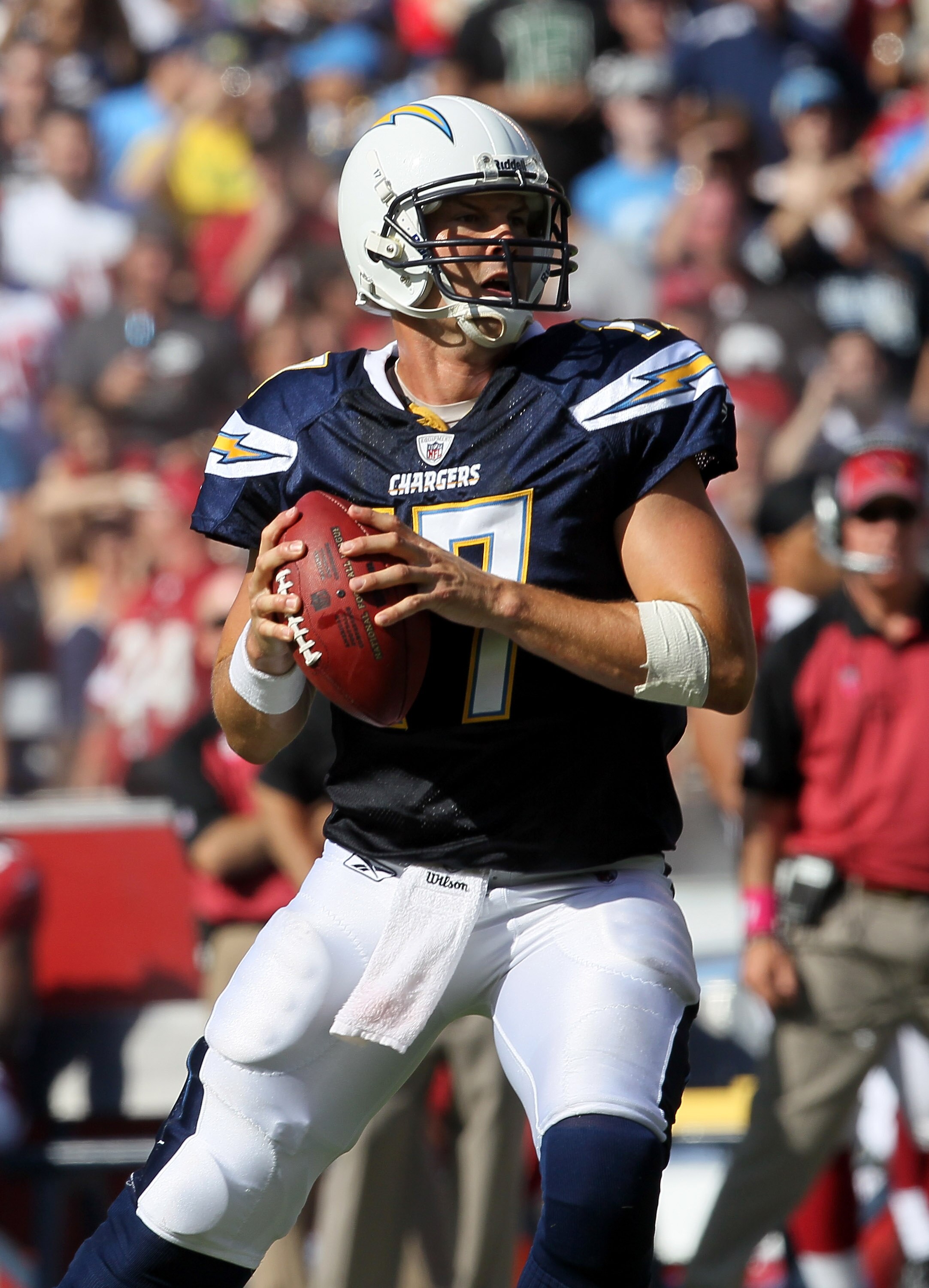 SAN DIEGO - OCTOBER 03:  Quarterback Philip Rivers of the San Diego Chargers looks to throw a pass against the Arizona Cardinals at Qualcomm Stadium on October 3, 2010 in San Diego, California.   The Chargers won 41-10.  (Photo by Stephen Dunn/Getty Image
