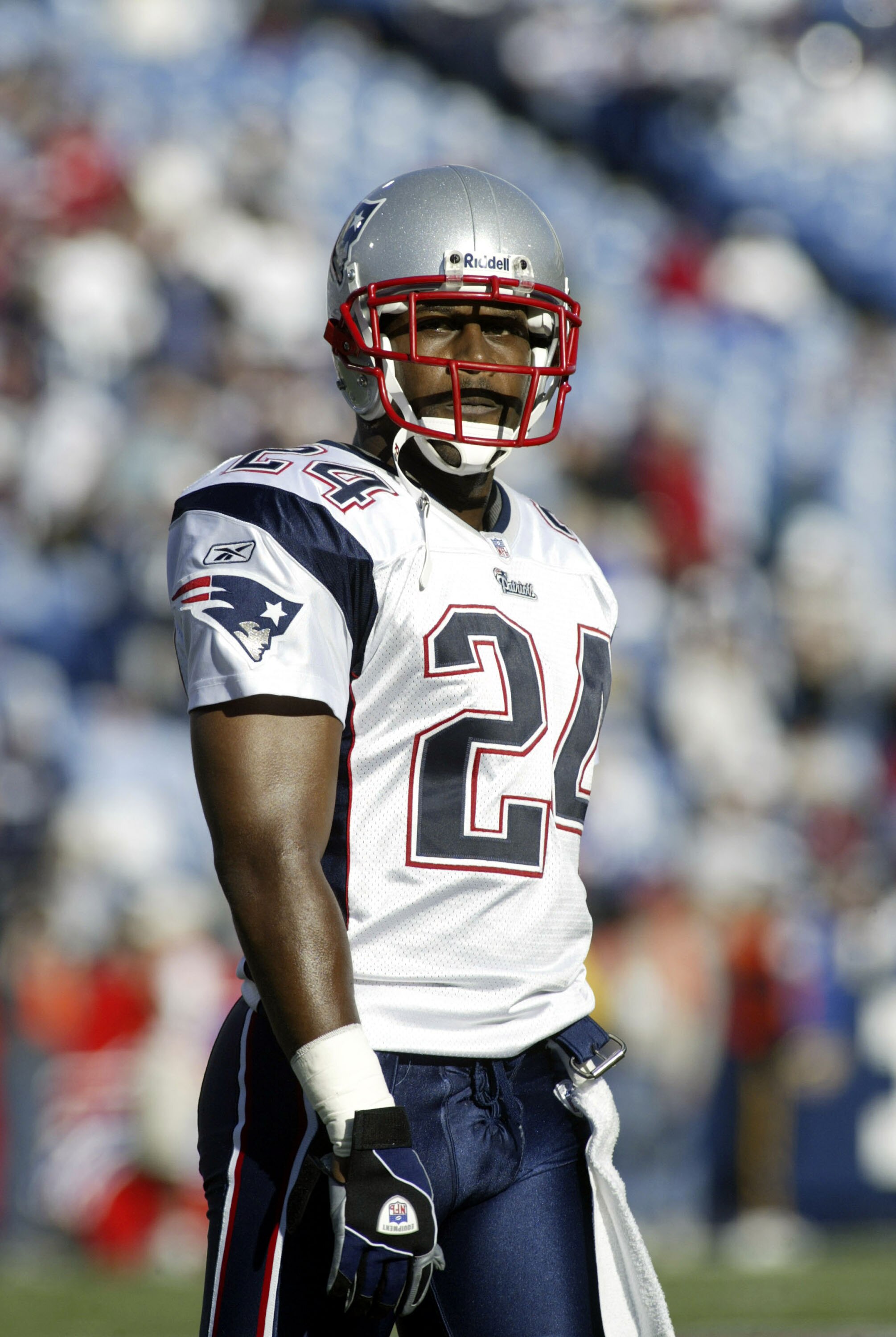 ORCHARD PARK, NY - OCTOBER 3:  Ty Law #24 of the New England Patriots waits on the field during a timeout against the Buffalo Bills on October 3, 2004 at Ralph Wilson Stadium in Orchard Park, New York.  (Photo by Rick Stewart/Getty Images)
