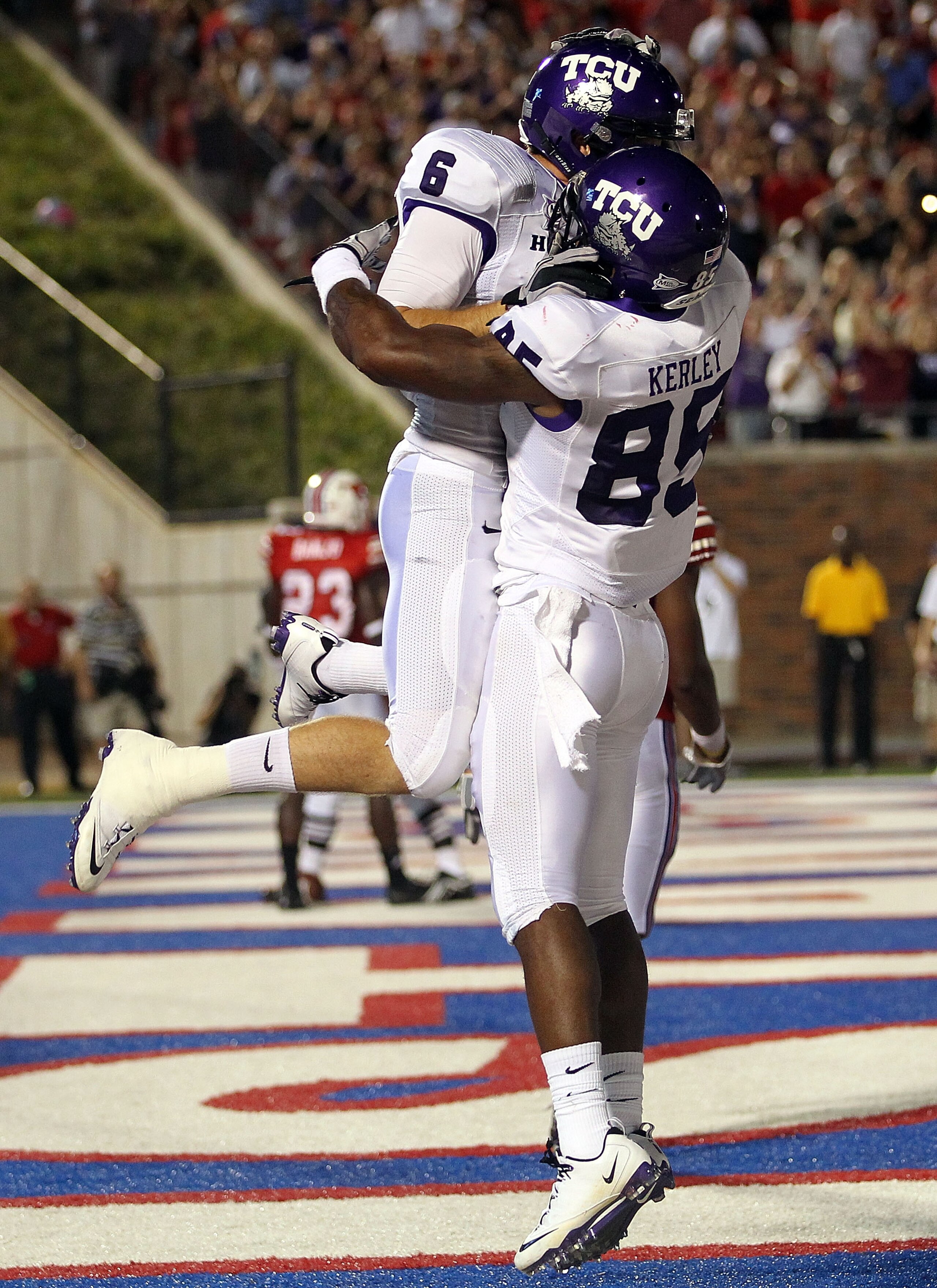 DALLAS - SEPTEMBER 24: Wide receiver Bart Johnson #6 of the TCU Horned Frogs celebrates a touchdown with Jeremy Kerley #85 in the third quarter against the SMU Mustangs at Gerald J. Ford Stadium on September 24, 2010 in Dallas, Texas. (Photo by Ronald M DALLAS - SEPTEMBER 24: Wide receiver Bart Johnson #6 of the TCU Horned Frogs celebrates a touchdown with Jeremy Kerley #85 in the third quarter against the SMU Mustangs at Gerald J. Ford Stadium on September 24, 2010 in Dallas, Texas. (Photo by Ronald M