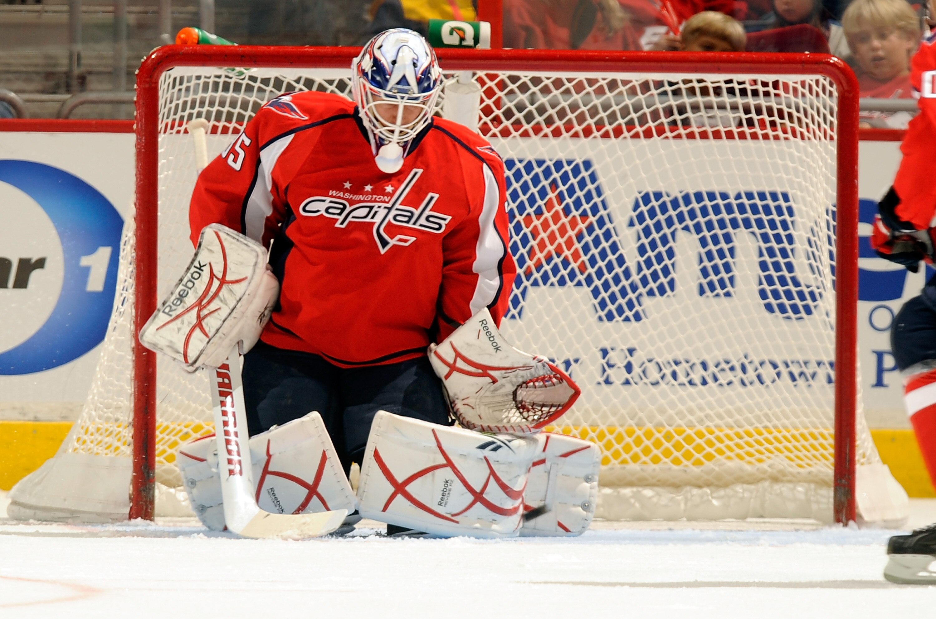 WASHINGTON - OCTOBER 03:  Dany Sabourin #35 of the Washington Capitals makes a save against the Nashville Predators at Verizon Center on October 3, 2010 in Washington, DC.  (Photo by Greg Fiume/Getty Images)