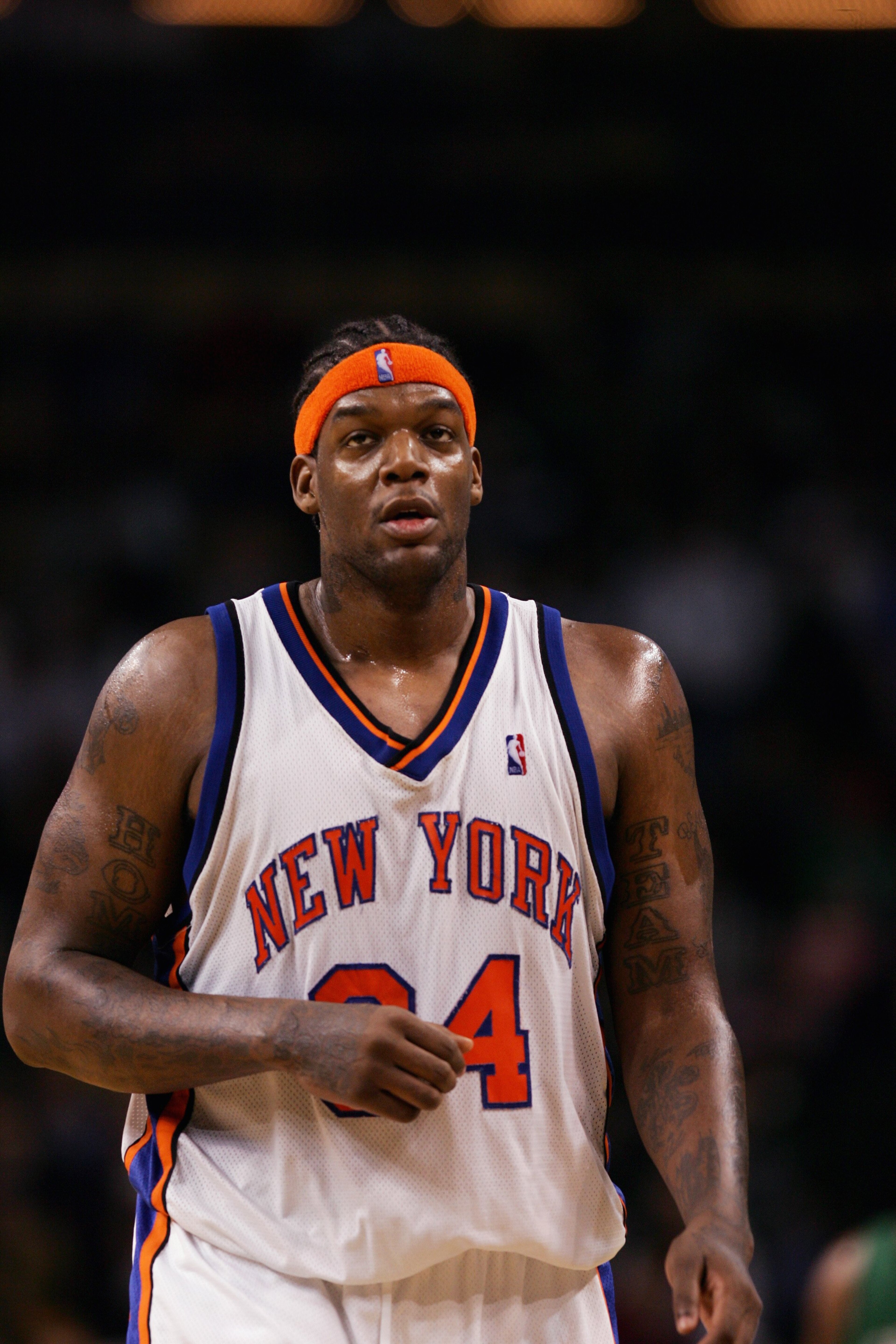 BOSTON - NOVEMBER 24:  Eddy Curry #34 of the New York Knicks looks on during a game against the Boston Celtics at the TD Banknorth Garden on November 24, 2006 in Boston, Massachusetts.  The New York Knicks defeated the Boston Celtics 101-77. NOTE TO USER:
