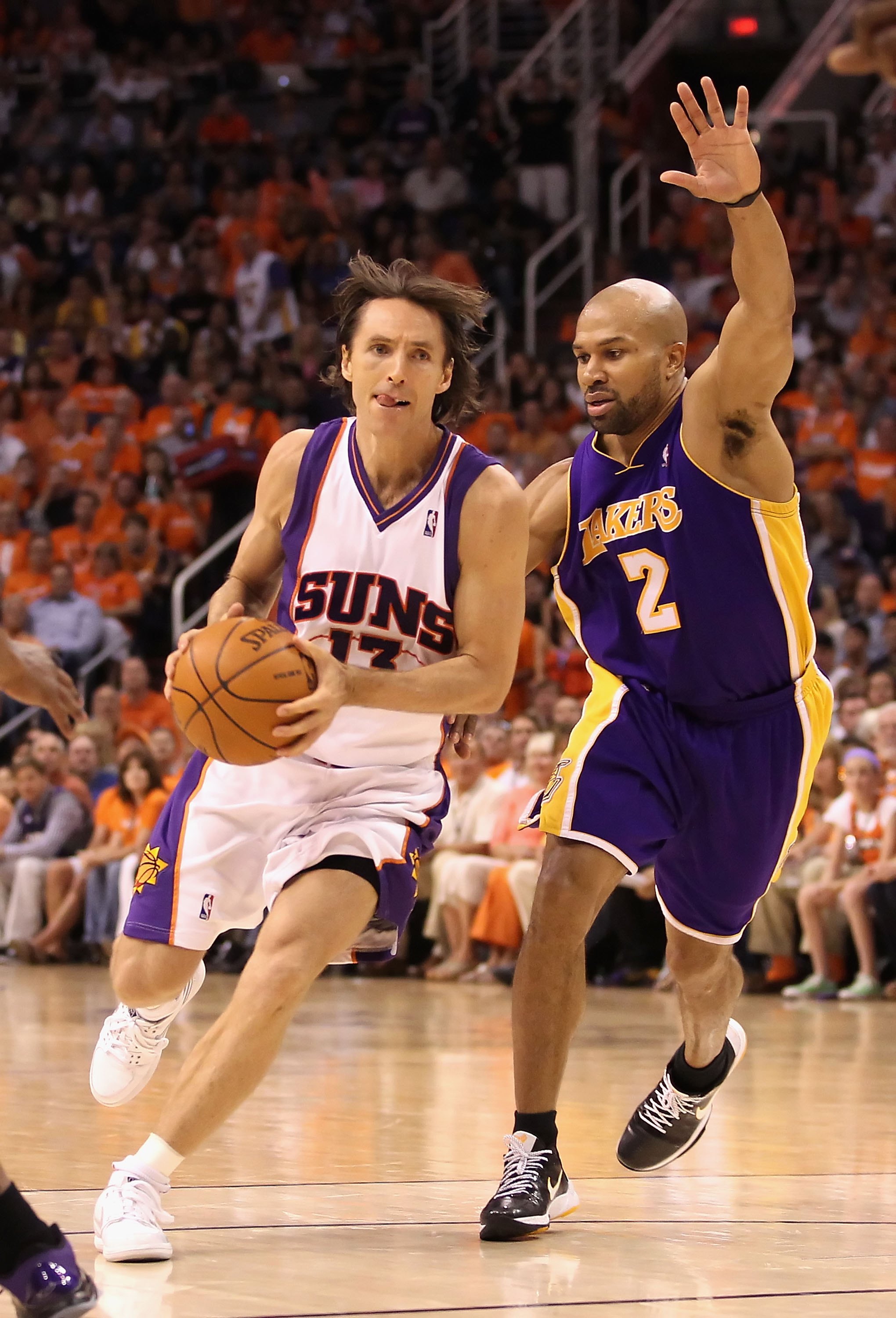 PHOENIX - MAY 25:  Steve Nash #13 of the Phoenix Suns drives with the ball during Game Four of the Western Conference finals of the 2010 NBA Playoffs against the Los Angeles Lakers at US Airways Center on May 25, 2010 in Phoenix, Arizona. The Suns defeate