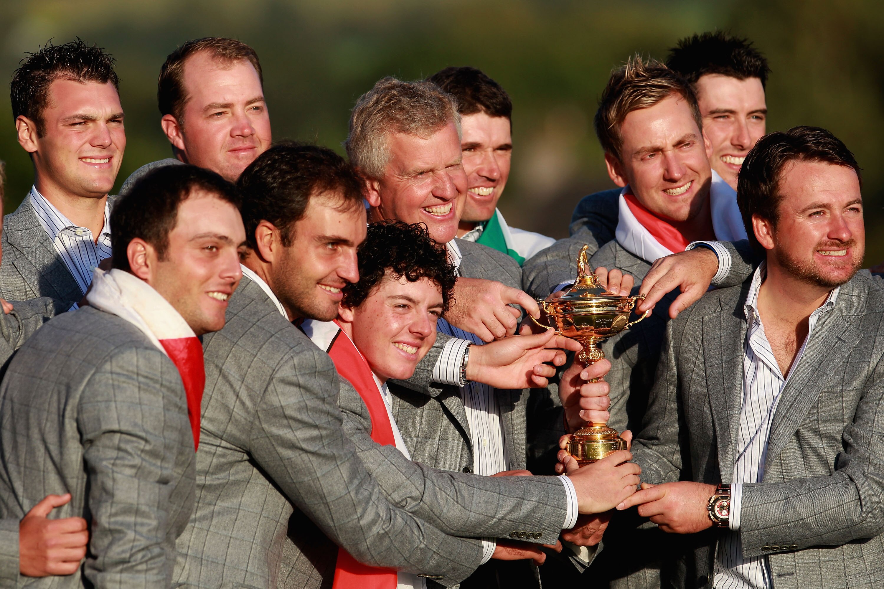 NEWPORT, WALES - OCTOBER 04:  European Team Captain Colin Montgomerie poses with the Ryder Cup and his team following Europe's 14.5 to 13.5 victory over the USA at the 2010 Ryder Cup at the Celtic Manor Resort on October 4, 2010 in Newport, Wales.  (Photo