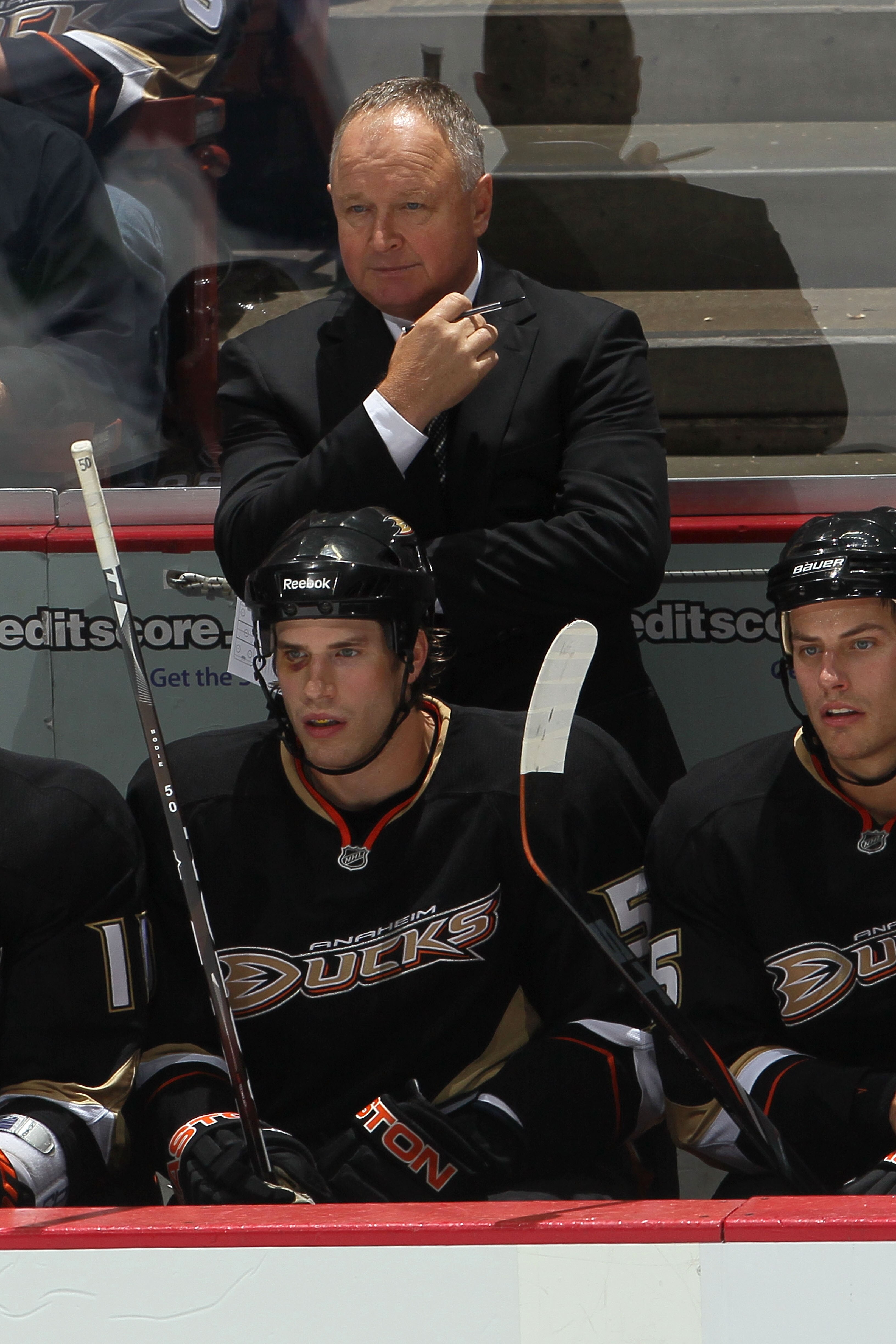 ANAHEIM, CA - OCTOBER 13:  Randy Carlyle, head coach of the Anaheim Ducks looks on from the bench against the Vancouver Canucks during their game at Honda Center on October 13, 2010 in Anaheim, California.  (Photo by Jeff Gross/Getty Images)