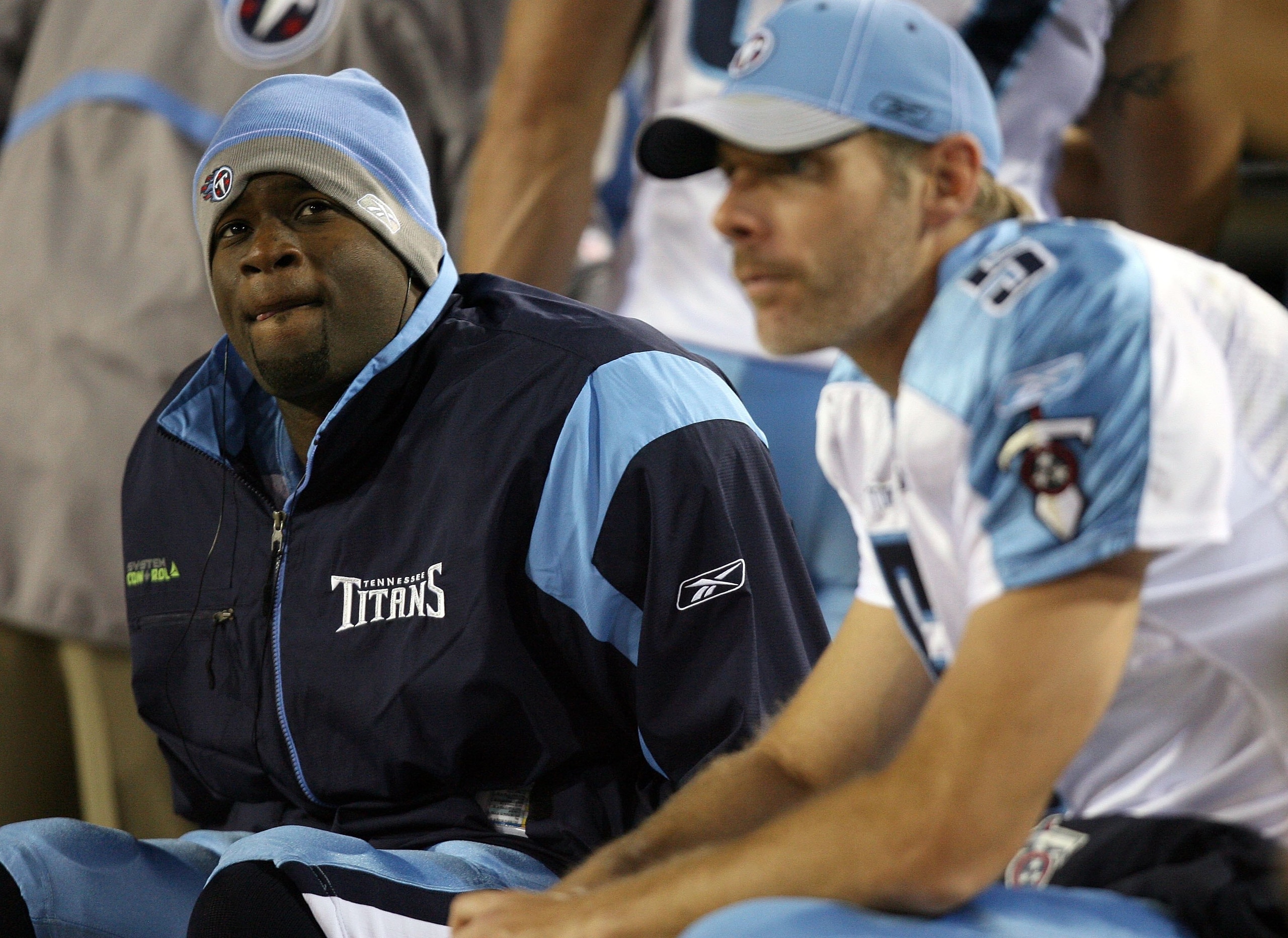 JACKSONVILLE, FL - NOVEMBER 16:  Quarterbacks Kerry Collins #5 and Vince Young #10 of the Tennessee Titans talk on the sidelines in the second half while taking on the Jacksonville Jaguars at Jacksonville Municipal Stadium on November 16, 2008 in Jacksonv