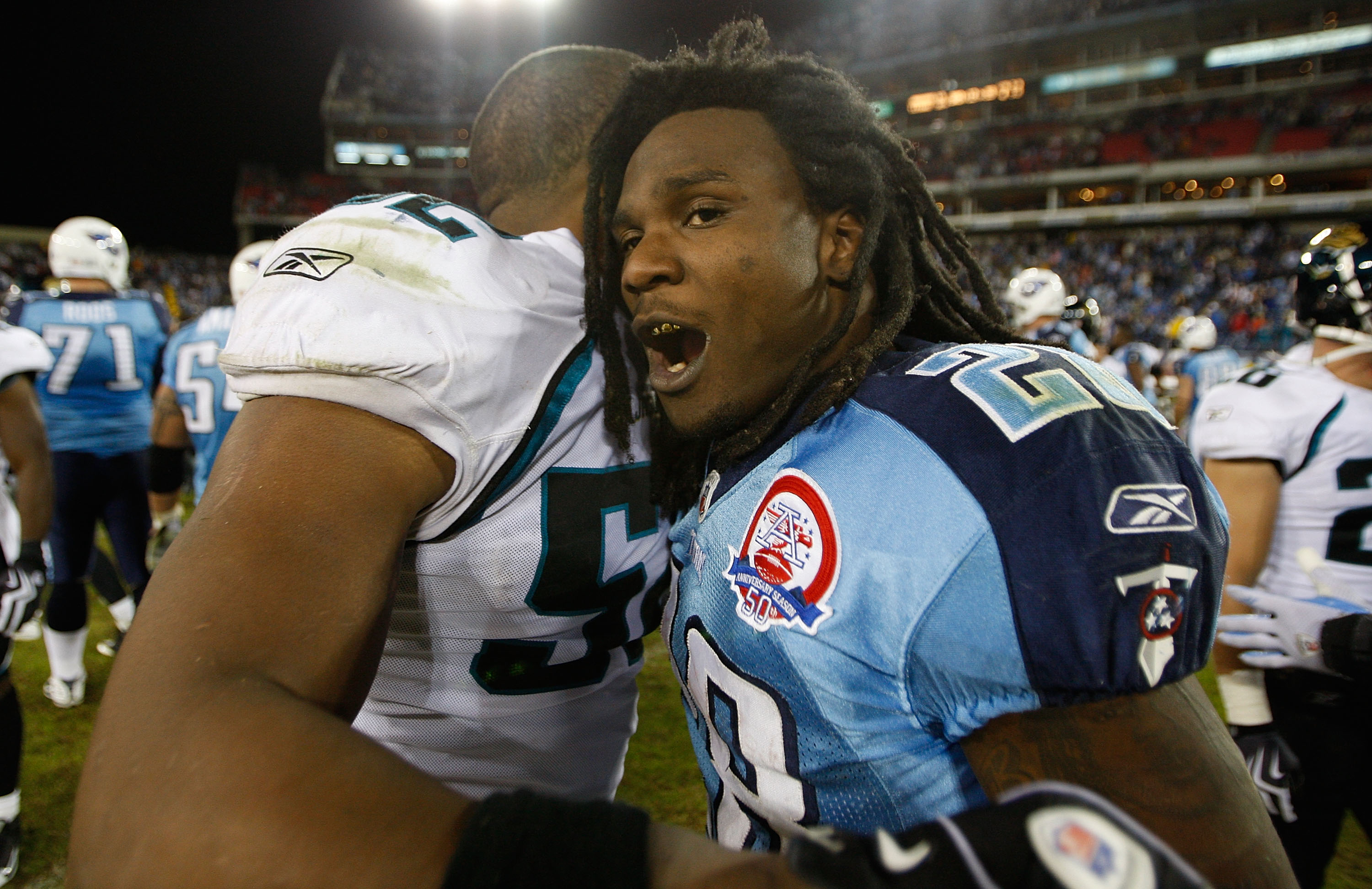 NASHVILLE, TN - NOVEMBER 01:  Chris Johnson #28 of the Tennessee Titans reacts to his teams 30-13 victory over the Jacksonville Jaguars after their game at LP Field on November 1, 2009 in Nashville, Tennessee.  (Photo by Streeter Lecka/Getty Images)