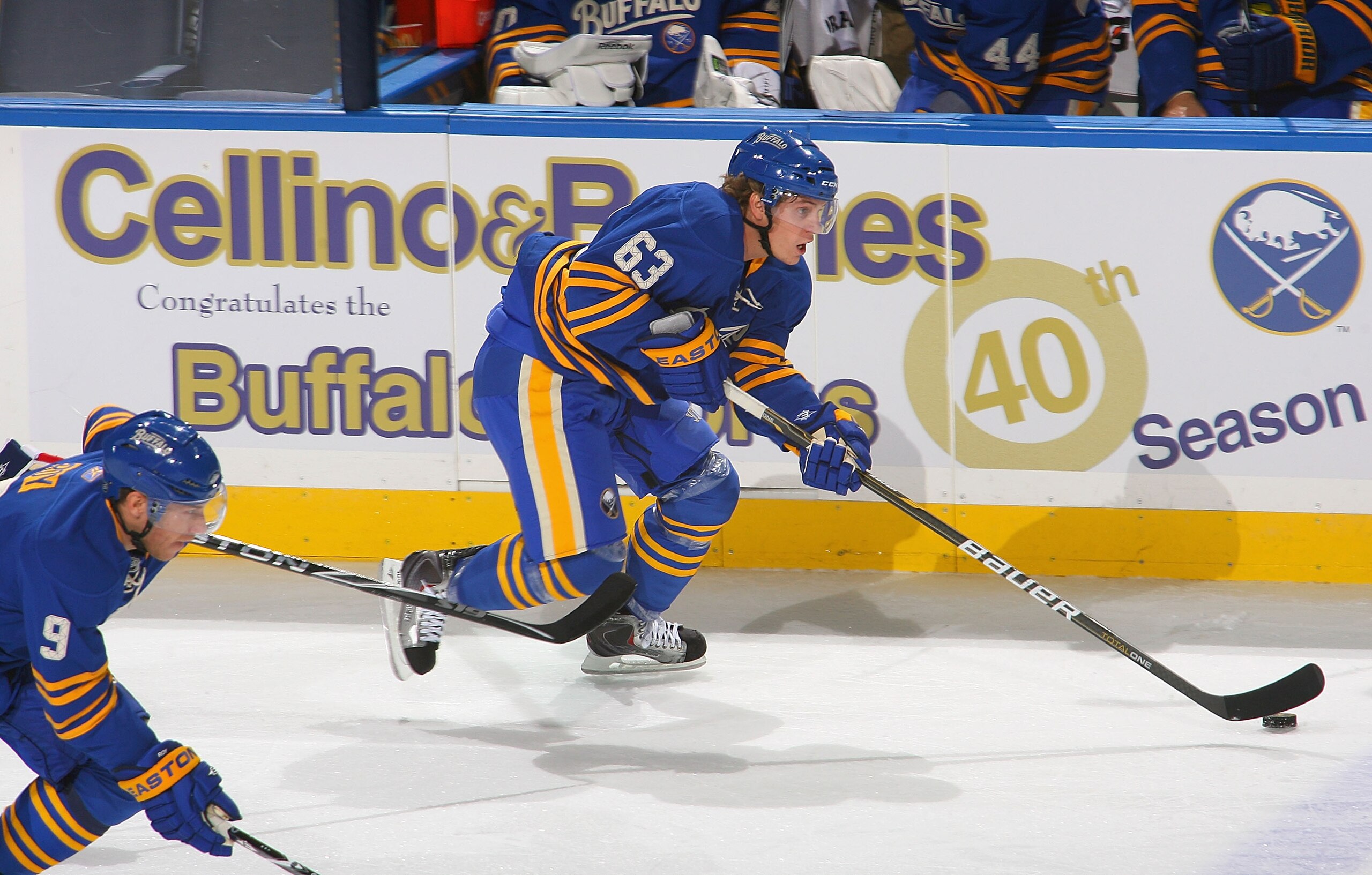 BUFFALO, NY - OCTOBER 09: Tyler Ennis #63 and Derek Roy #9 of the Buffalo Sabres skate against the New York Rangers at HSBC Arena on October 9, 2010 in Buffalo, New York. New York won 6-3. (Photo by Rick Stewart/Getty Images)