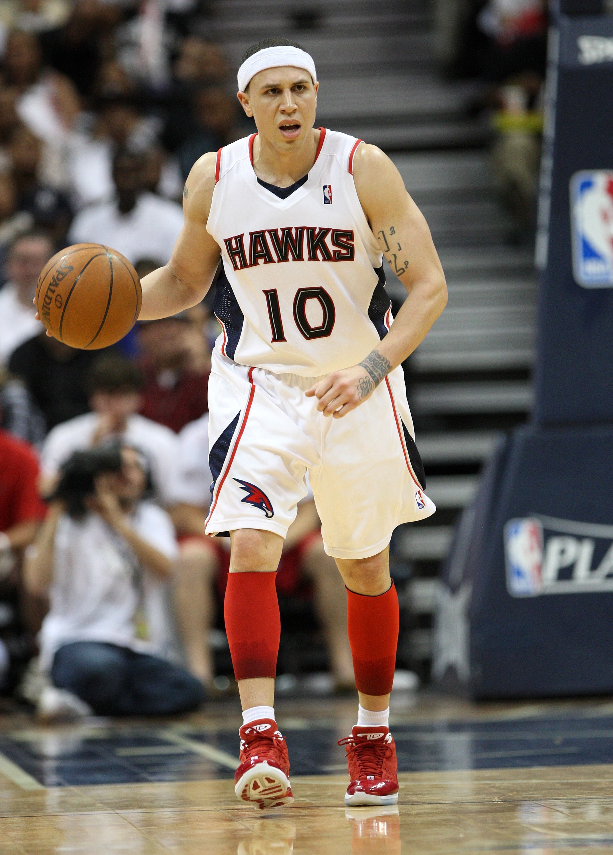 ATLANTA - MAY 2:  Guard Mike Bibby #10 of the Atlanta Hawks dribbles the ball during Game Seven of the Eastern Conference Quarterfinals between the Milwaukee Bucks and the Atlanta Hawks during the 2010 NBA Playoffs at Philips Arena on May 2, 2010 in Atlan