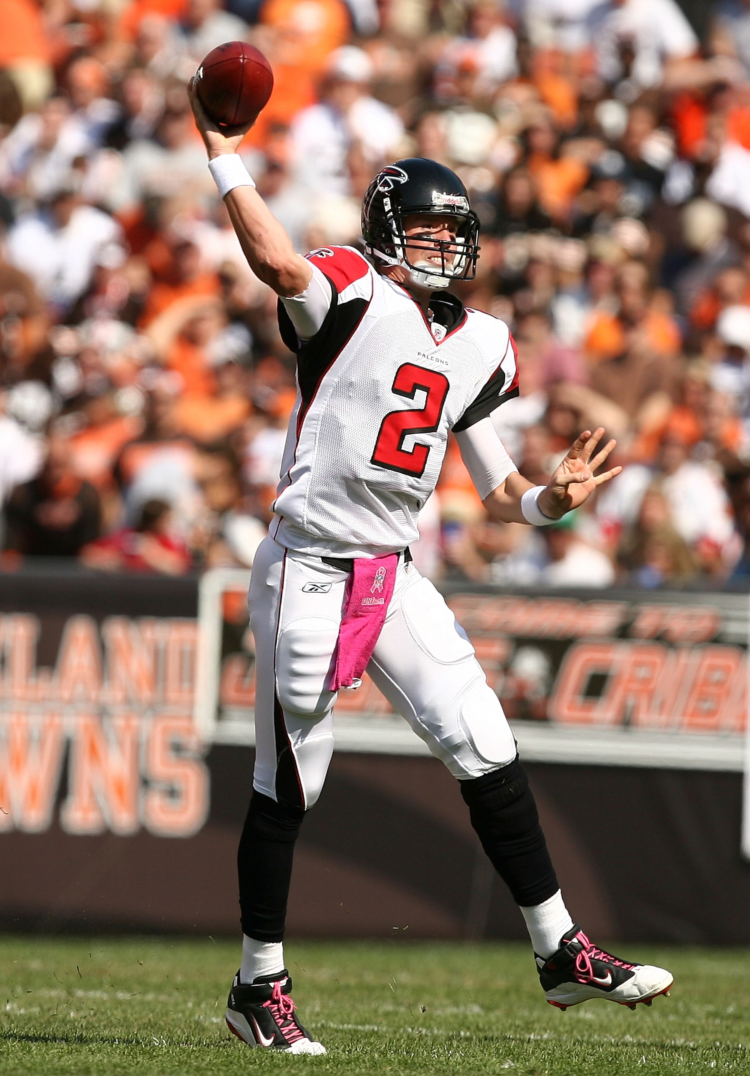 CLEVELAND - OCTOBER 10:  Quarterback Matt Ryan #2 of the Atlanta Falcons throws to a receiver against the Cleveland Browns at Cleveland Browns Stadium on October 10, 2010 in Cleveland, Ohio.  (Photo by Matt Sullivan/Getty Images)