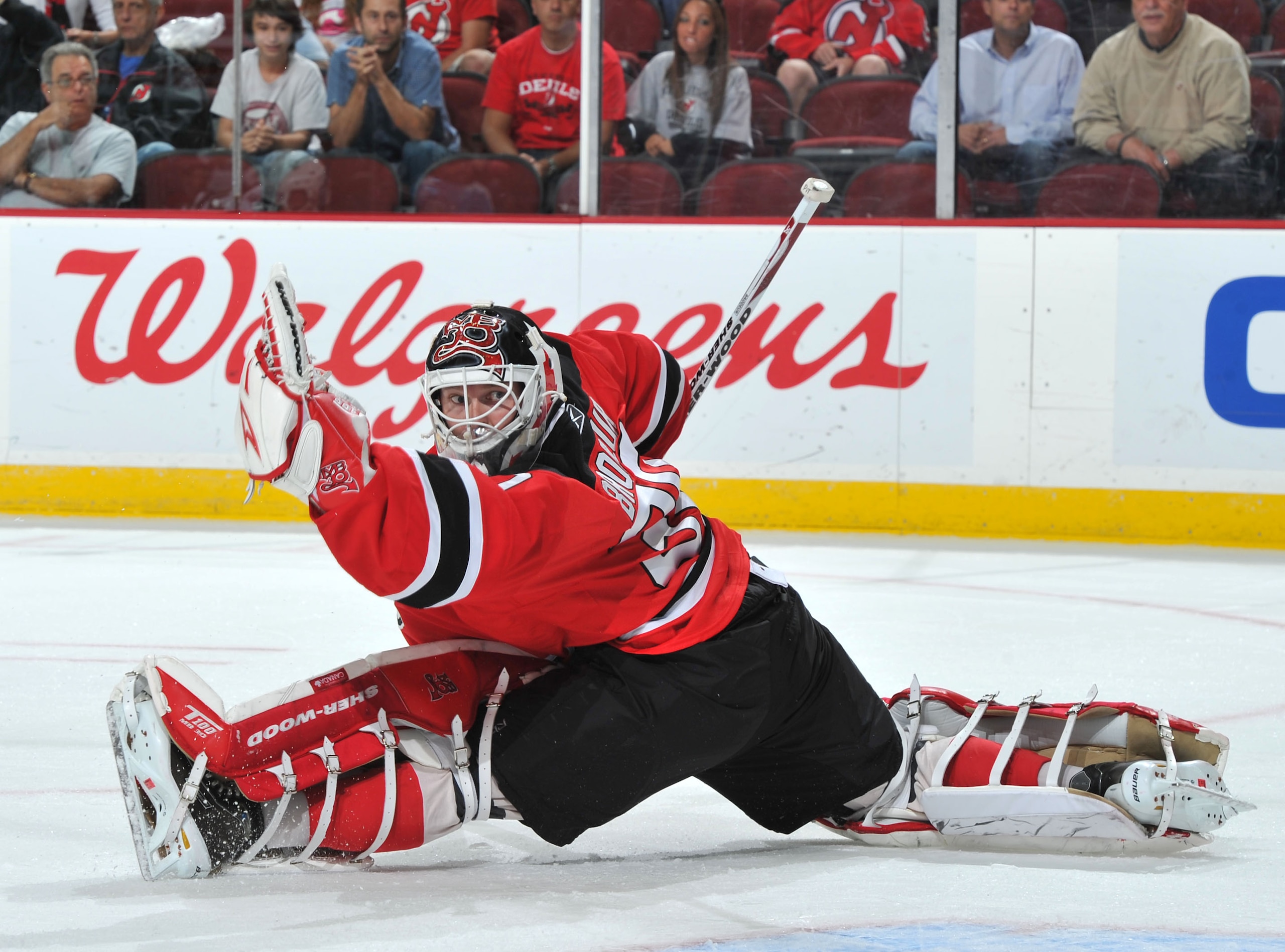 NEWARK, NJ - OCTOBER 11: Martin Brodeur #30 of the New Jersey Devils looks back after allowing a goal to Alex Goligoski #3 of the Pittsburg Penguins (not pictured) the first period at the Prudential Center on October 11, 2010 in Newark, New Jersey. The Pe