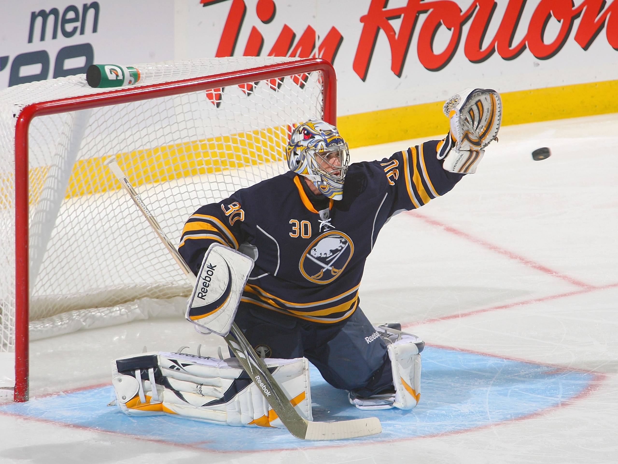 BUFFALO, NY - OCTOBER 11: Ryan Miller #30 of the Buffalo Sabres  makes a glove save  against the Chicago Blackhawks  at HSBC Arena on October 11, 2010 in Buffalo, New York.  (Photo by Rick Stewart/Getty Images)