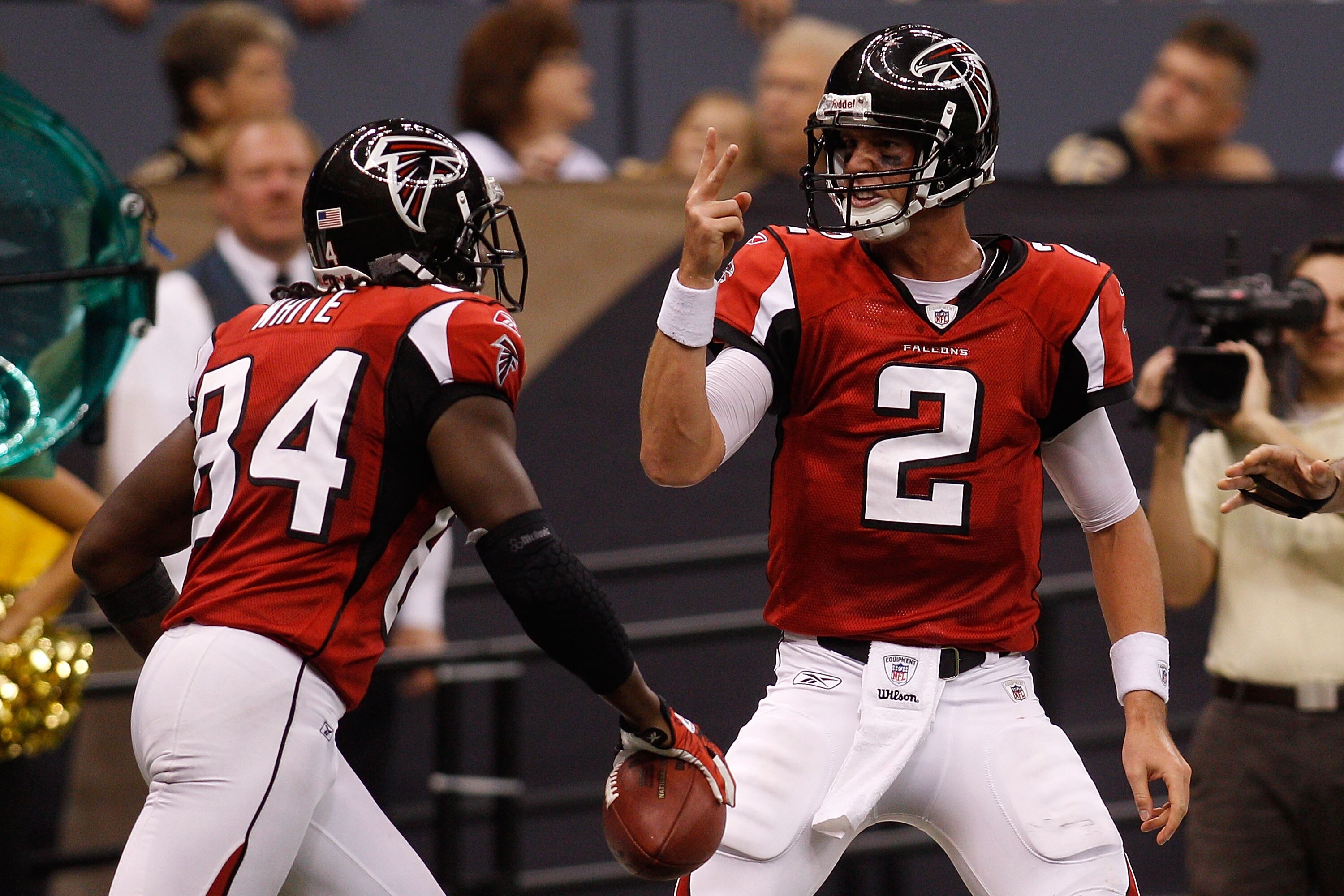 NEW ORLEANS - SEPTEMBER 26:  Matt Ryan #2 of the Atlanta Falcons celebrates after throwing a touchdown pass against the New Orleans Saints at the Louisiana Superdome on September 26, 2010 in New Orleans, Louisiana.  The Falcons defeated the Saints 27-24.