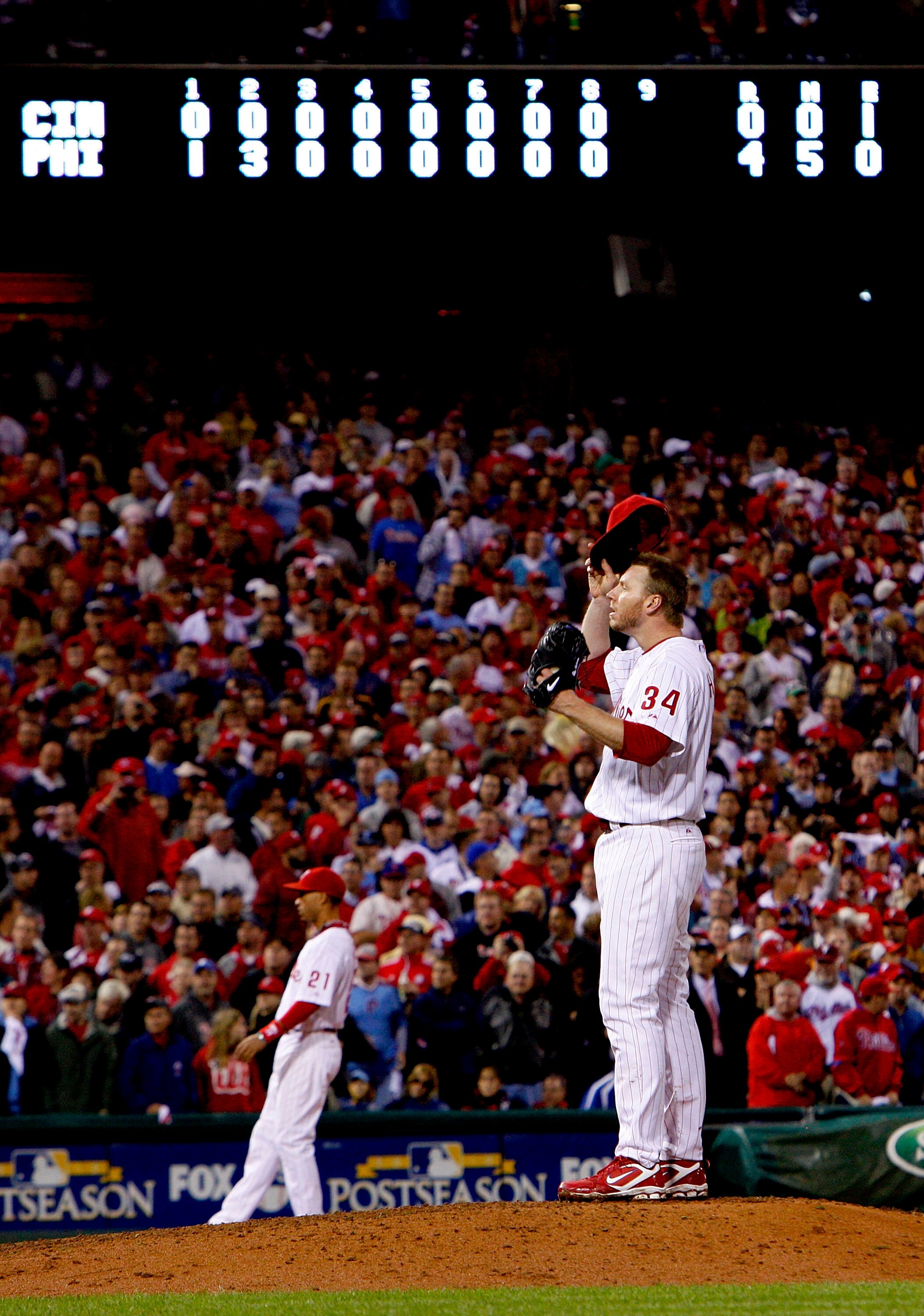 PHILADELPHIA - OCTOBER 06:  Roy Halladay #34 of the Philadelphia Phillies delivers in the ninth inning of Game 1 of the NLDS against the Cincinnati Reds at Citizens Bank Park on October 6, 2010 in Philadelphia, Pennsylvania.  (Photo by Jeff Zelevansky/Get