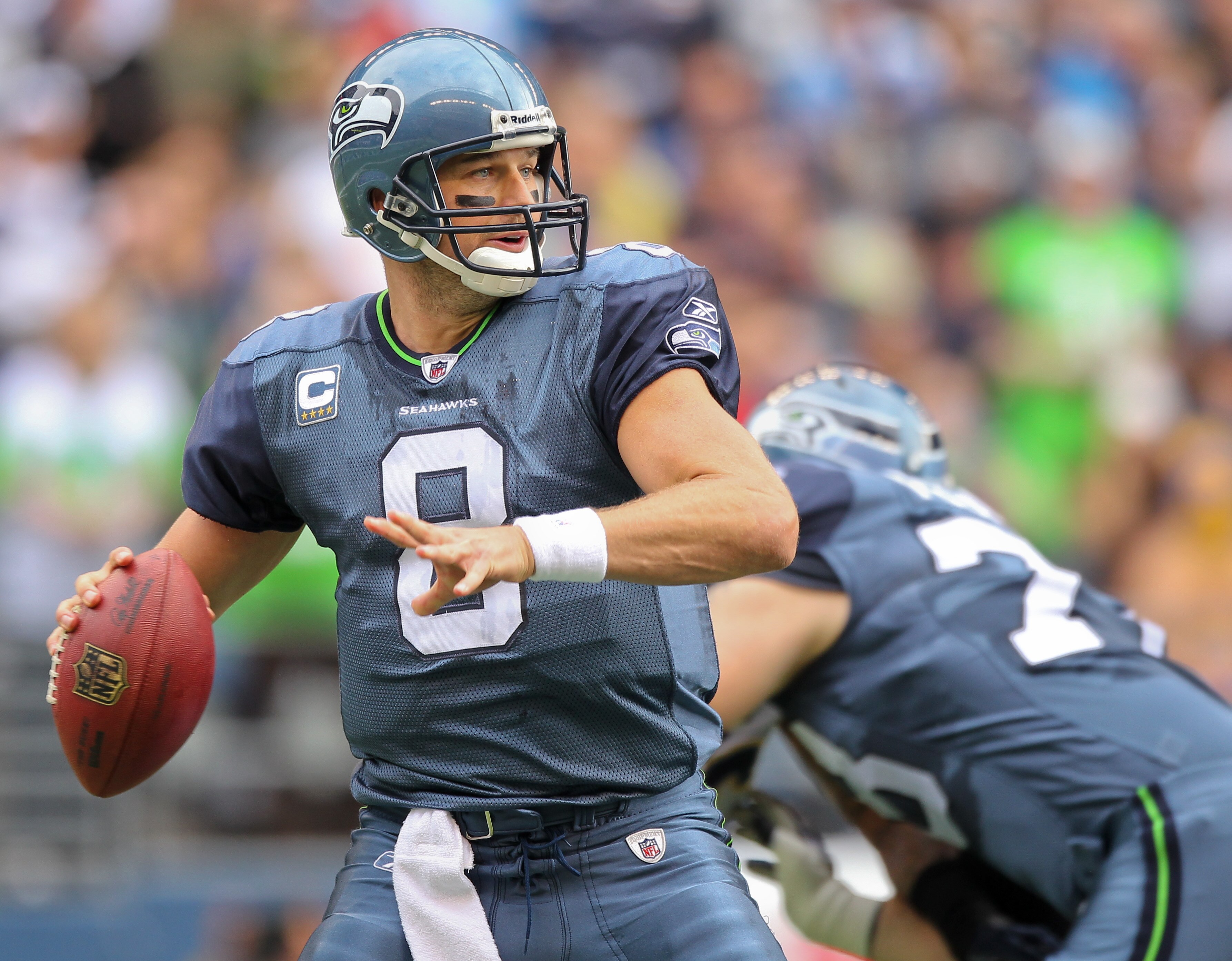 SEATTLE - SEPTEMBER 26:  Quarterback Matt Hasselbeck #8 of the Seattle Seahawks passes against the San Diego Chargers at Qwest Field on September 26, 2010 in Seattle, Washington. (Photo by Otto Greule Jr/Getty Images)