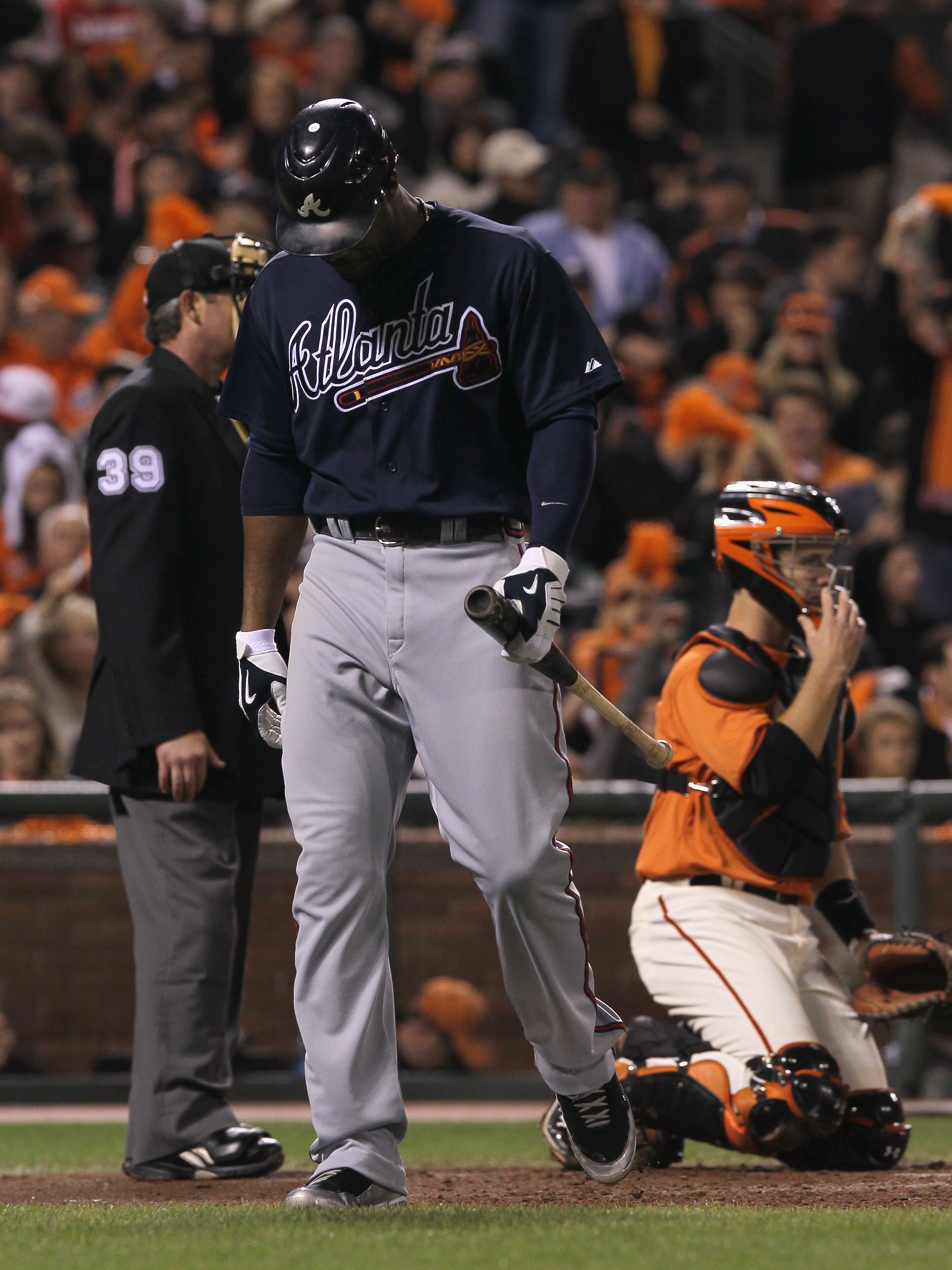 SAN FRANCISCO - OCTOBER 08: Jason Heyward #22 of the Atlanta Braves reacts after striking out during the fourth inning of the National League Division Series with the San Francisco Giants at AT&T Park on October 8, 2010 in San Francisco, California.  (Pho