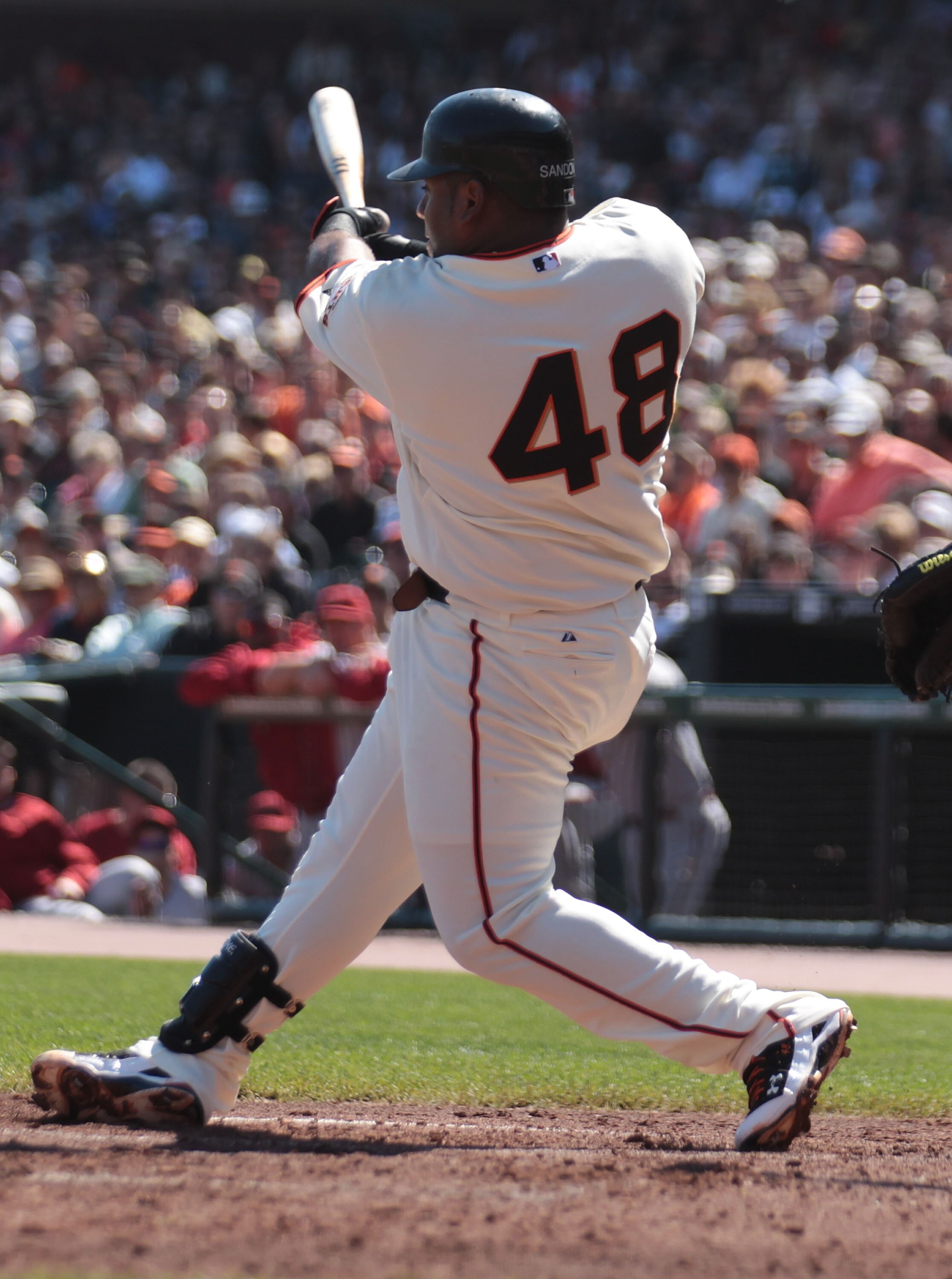 SAN FRANCISCO - SEPTEMBER 30:  Pablo Sandoval #48 of the San Francisco Giants celebrates hits a solo home run in second inning against the Arizona Diamondbacks during a Major League Baseball game at AT&T Park on September 30, 2010 in San Francisco, Califo