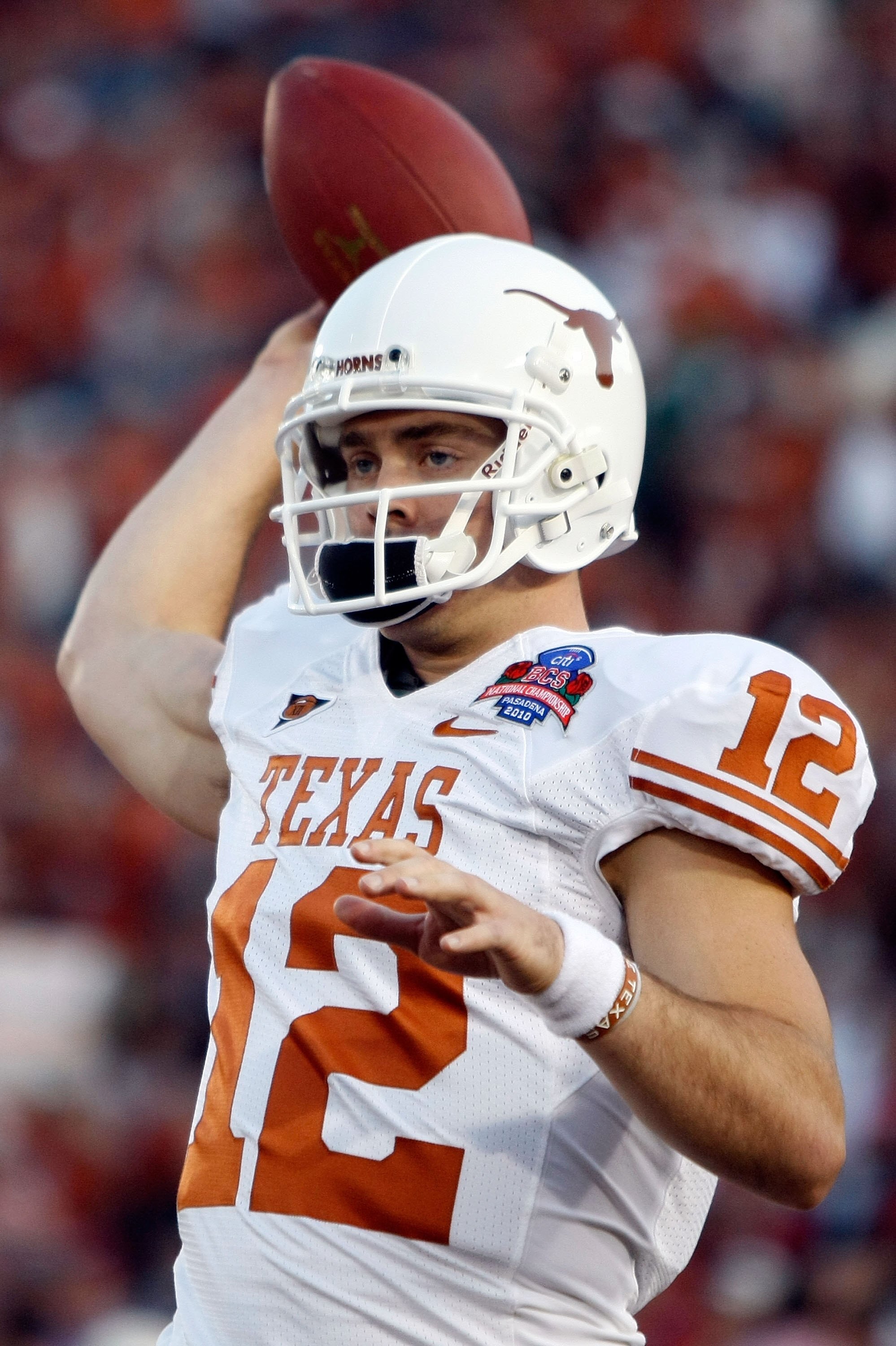 PASADENA, CA - JANUARY 07:  Quarterback Colt McCoy #12 of the Texas Longhorns looks on before taking on the Alabama Crimson Tide in the Citi BCS National Championship game at the Rose Bowl on January 7, 2010 in Pasadena, California.  (Photo by Jeff Gross/