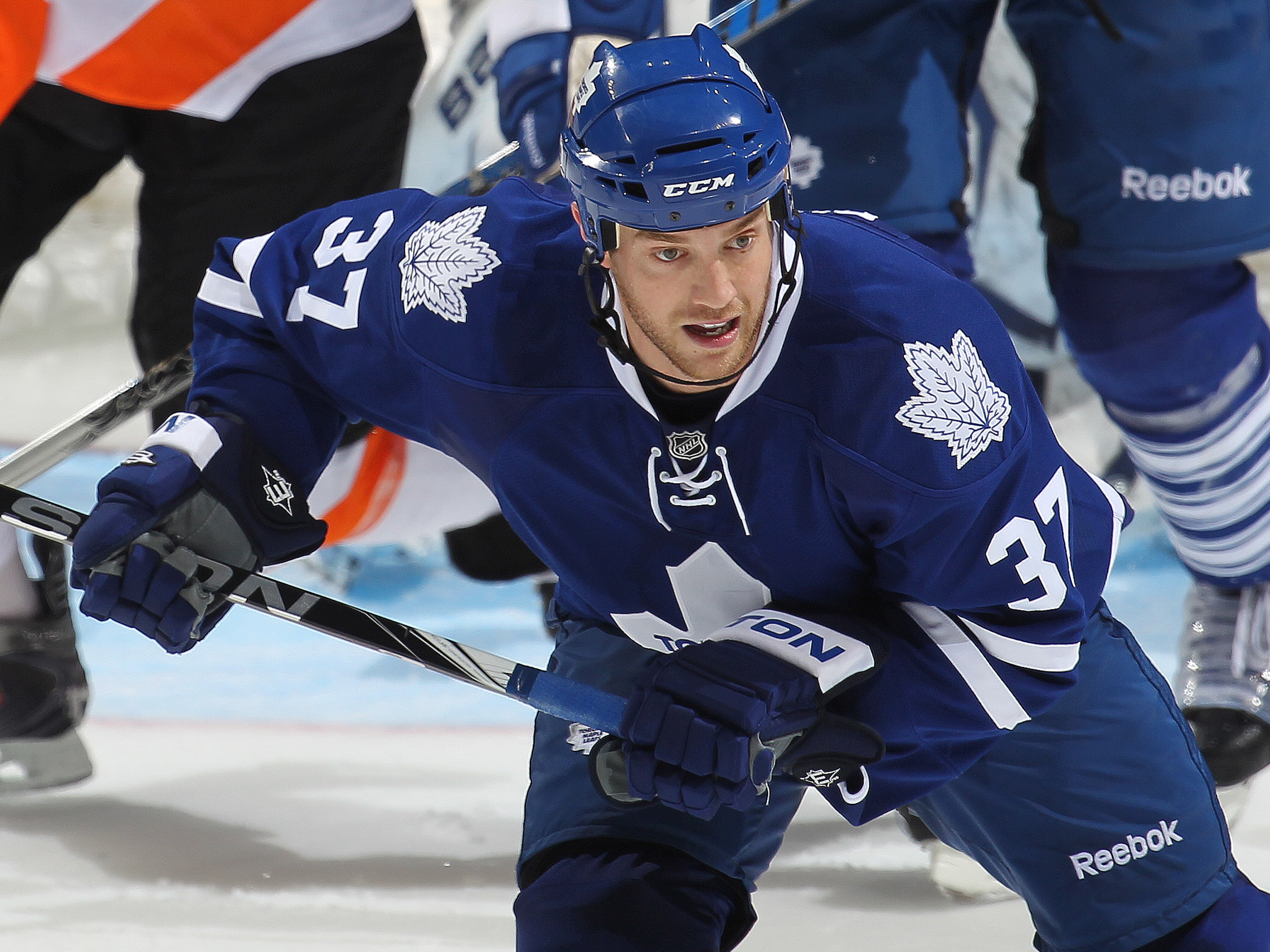 LONDON,ON - SEPTEMBER 23: Tim Brent #37 of the Toronto Maple Leafs skates in a pre-season game against the Philadelphia Flyers on September 23,2010 at the John Labatt Centre in London, Ontario. The Leafs defeated the Flyers 3-2 in a shoot-out. (Photo by C
