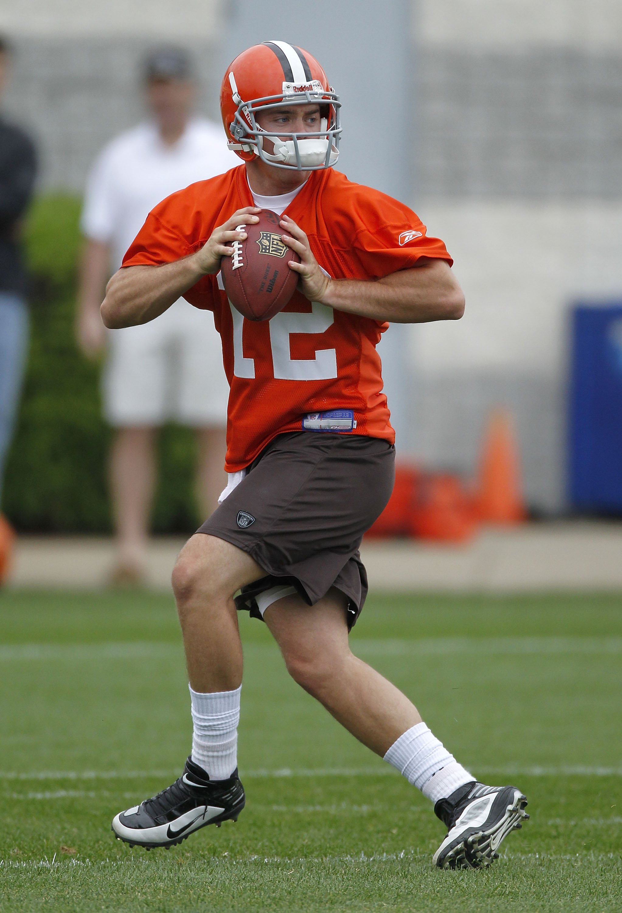 BEREA, OH - MAY 01:  Colt McCoy #12 of the Cleveland Browns gets ready to throw a pass during rookie mini camp at the Cleveland Browns Training and Administrative Complex on May 1, 2010 in Berea, Ohio.  (Photo by Gregory Shamus/Getty Images)