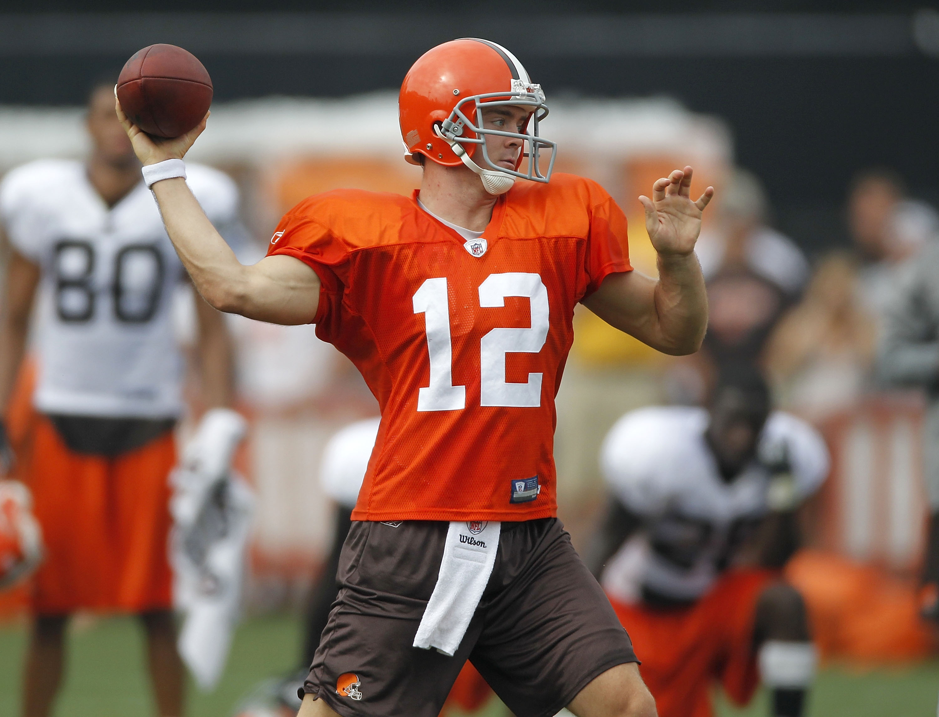 BEREA, OH - AUGUST 04:  Colt McCoy #12 of the Cleveland Browns gets ready to throw a pass during training camp at the Cleveland Browns Training and Administrative Complex on August 4, 2010 in Berea, Ohio.  (Photo by Gregory Shamus/Getty Images)