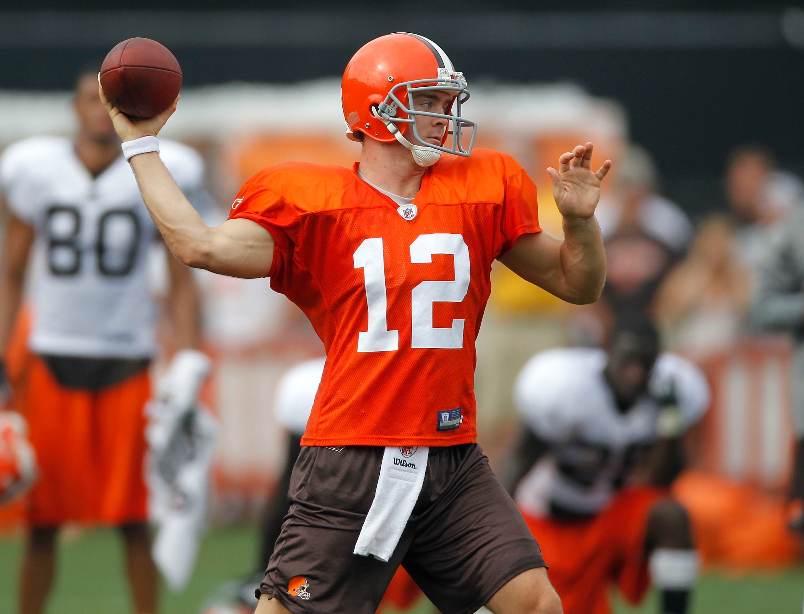 BEREA, OH - AUGUST 04:  Colt McCoy #12 of the Cleveland Browns gets ready to throw a pass during training camp at the Cleveland Browns Training and Administrative Complex on August 4, 2010 in Berea, Ohio.  (Photo by Gregory Shamus/Getty Images)
