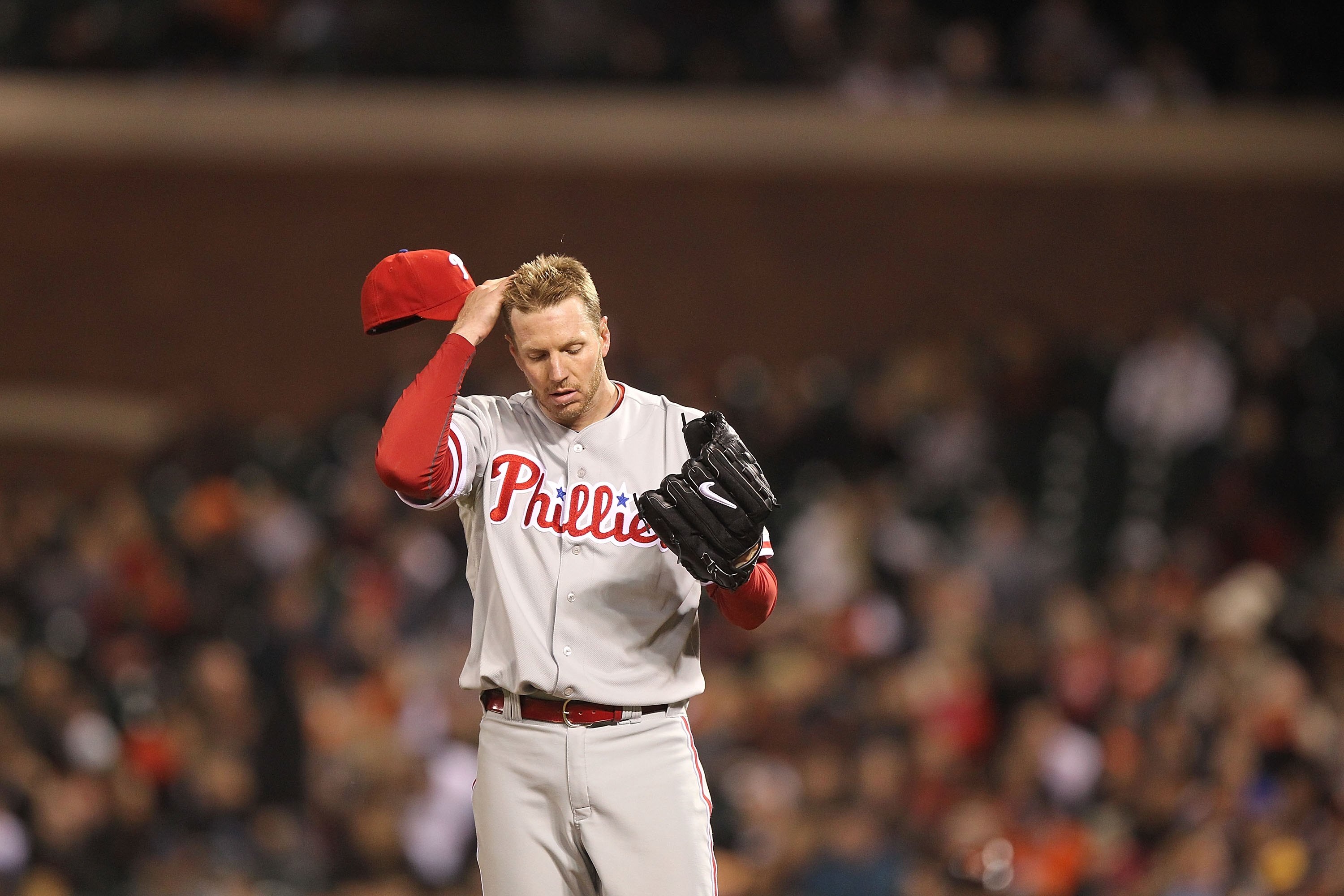 SAN FRANCISCO - APRIL 26:  Roy Halladay #34 of the Philadelphia Phillies looks on against the San Francisco Giants during an MLB game at AT&T Park on April 26, 2010 in San Francisco, California.  (Photo by Jed Jacobsohn/Getty Images)
