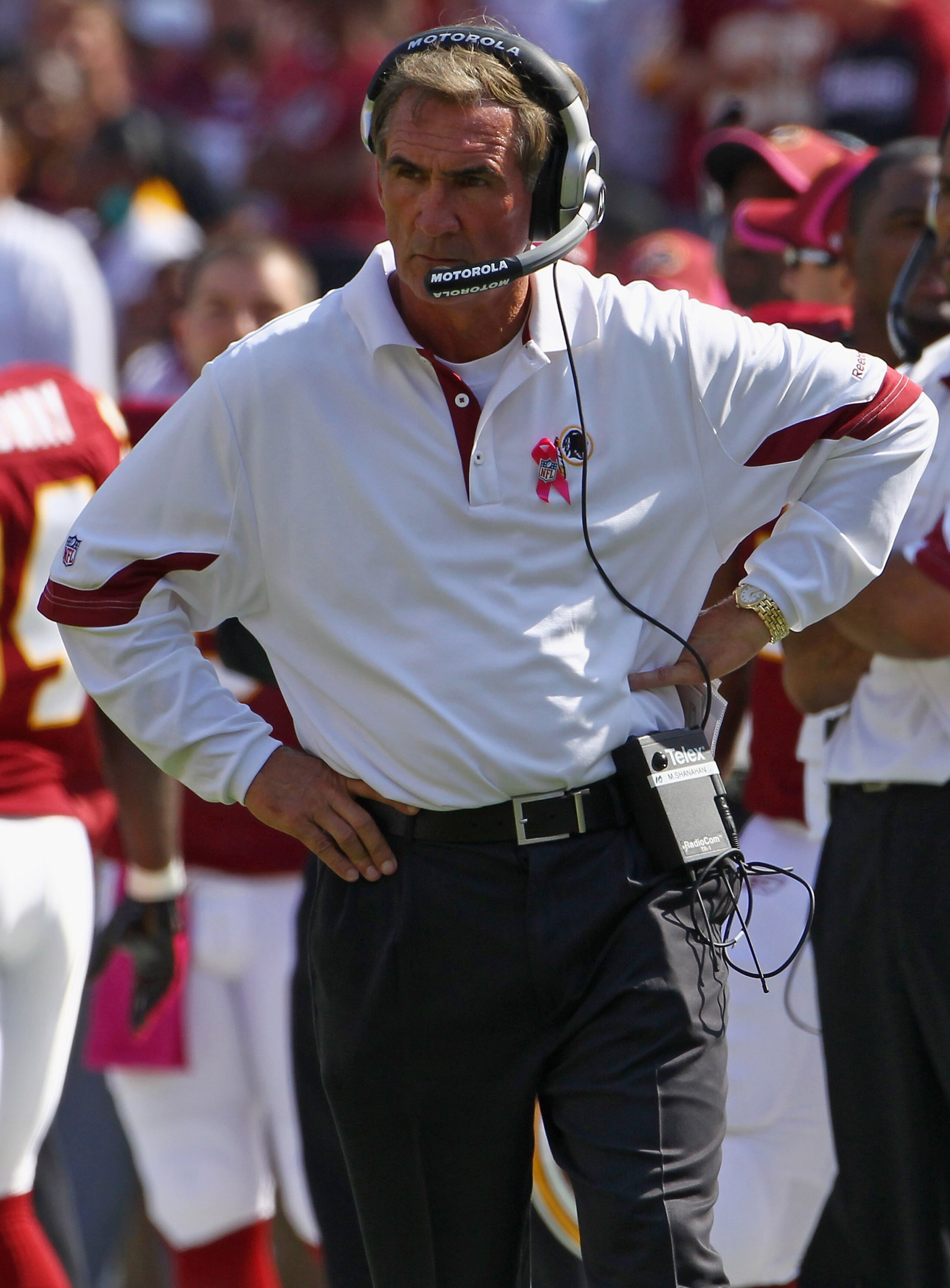 LANDOVER, MD - OCTOBER 10: Head coach Mike Shanahan of the Washington Redskins walks the sideline as his team plays the Green Bay Packers at FedExField on October 10, 2010 in Landover, Maryland. The Redskins won the game in overtime 16-13.  (Photo by Win