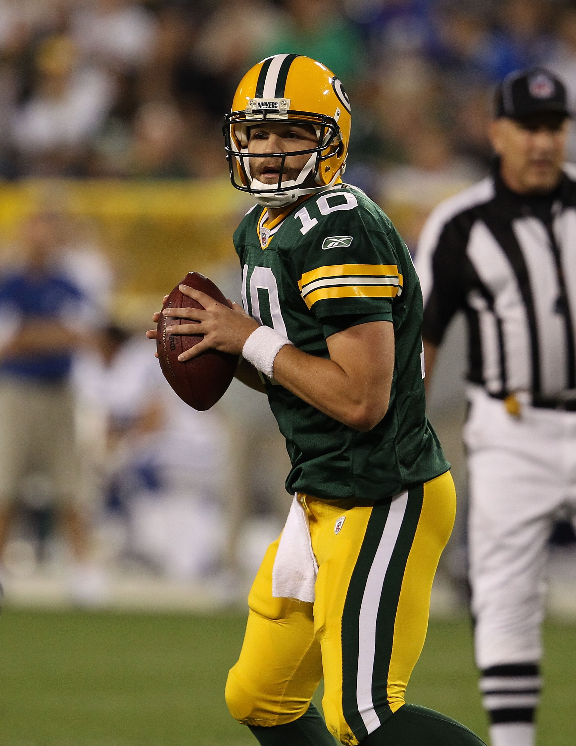 GREEN BAY, WI - AUGUST 26: Matt Flynn #10 of the Green Bay Packers looks for a receiver against the Indianapolis Colts during a preseason game at Lambeau Field on August 26, 2010 in Green Bay, Wisconsin. The Packers defeated the Colts 59-24. (Photo by Jon