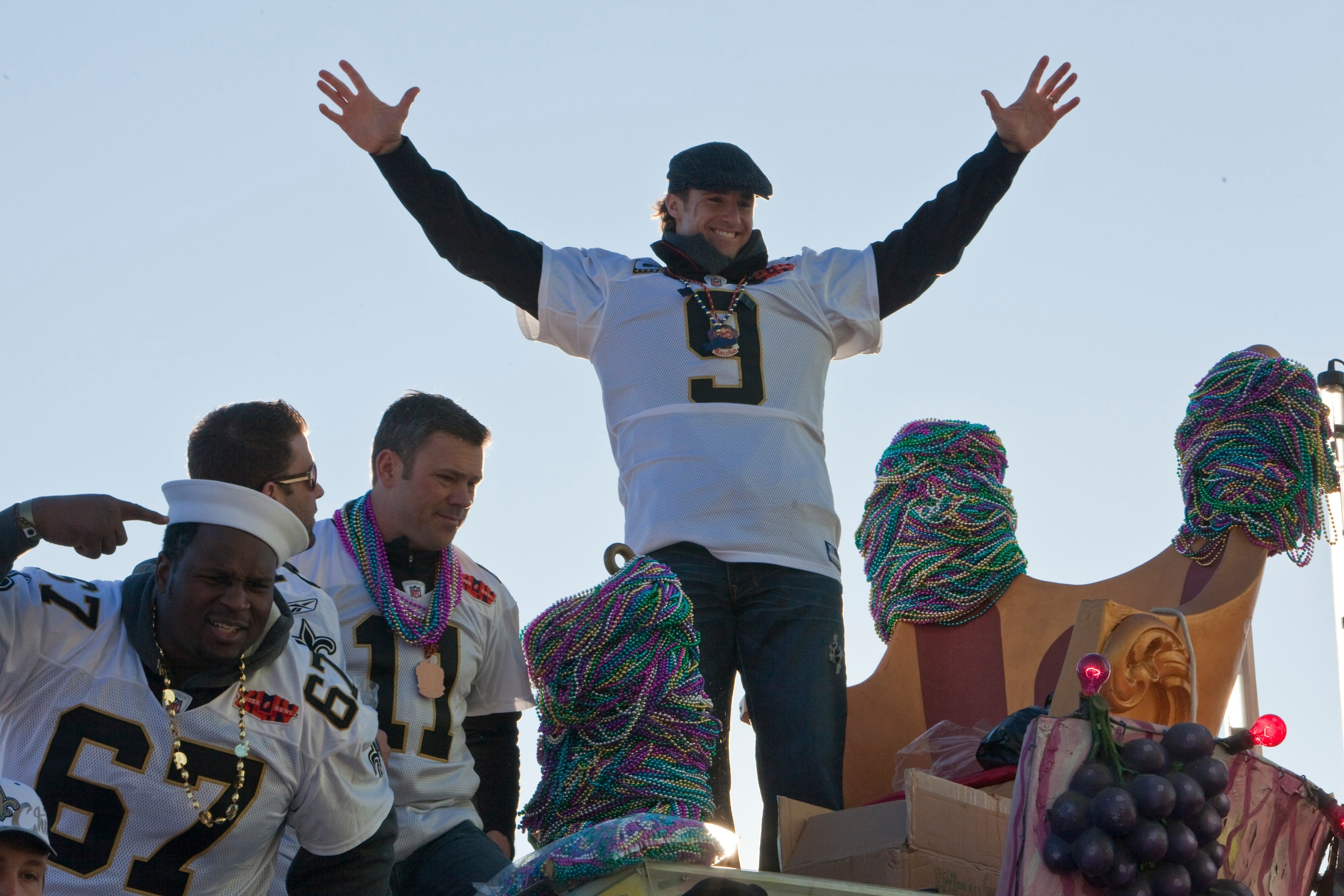 NEW ORLEANS - FEBRUARY 09: New Orleans Saints Quarterback Drew Brees #9 celebrates during the New Orleans Saints Super Bowl XLIV Victory Parade on February 9, 2010 in New Orleans, Louisiana. (Photo by Skip Bolen/Getty Images)