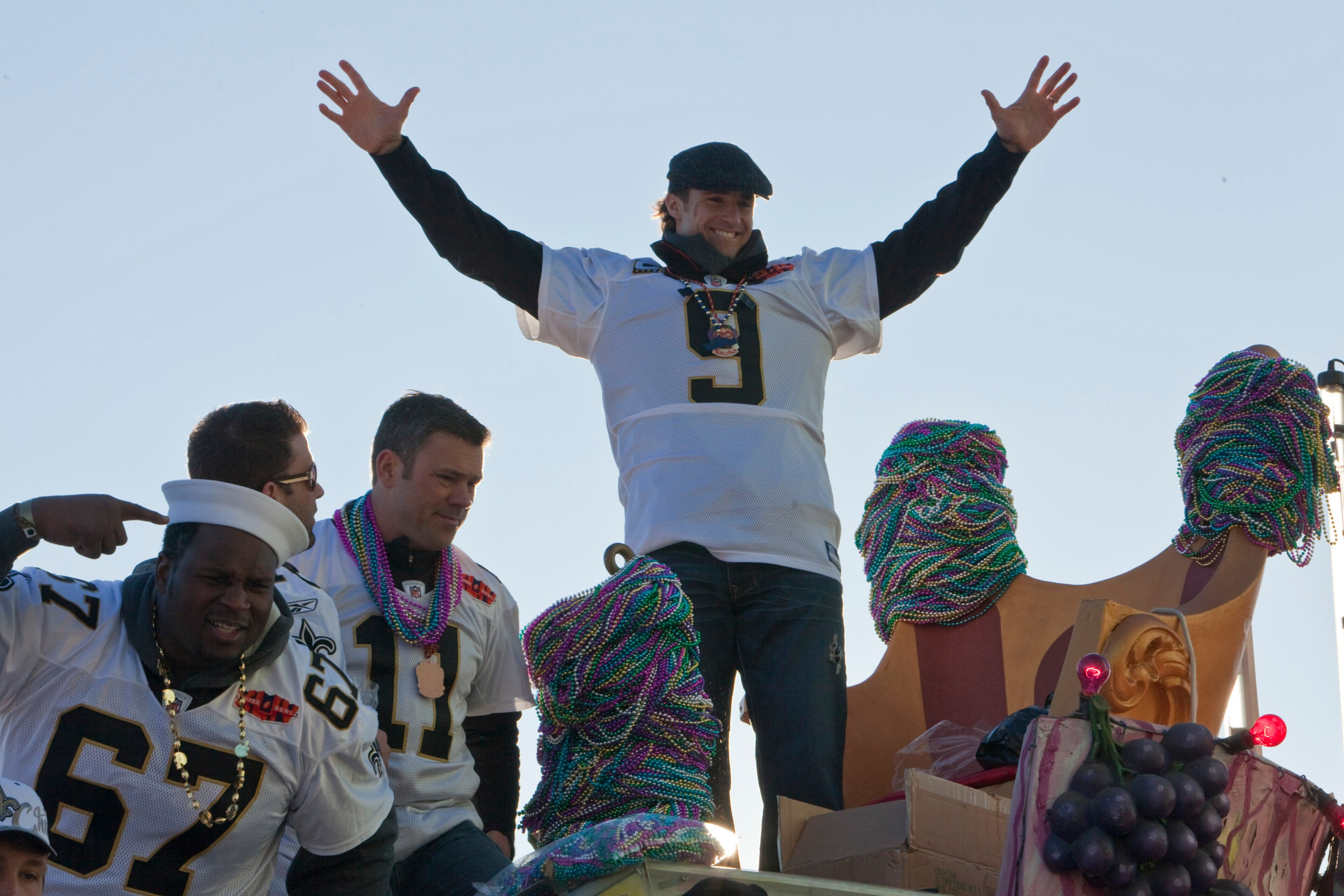 NEW ORLEANS - FEBRUARY 09: New Orleans Saints Quarterback Drew Brees #9 celebrates during the New Orleans Saints Super Bowl XLIV Victory Parade on February 9, 2010 in New Orleans, Louisiana. (Photo by Skip Bolen/Getty Images)