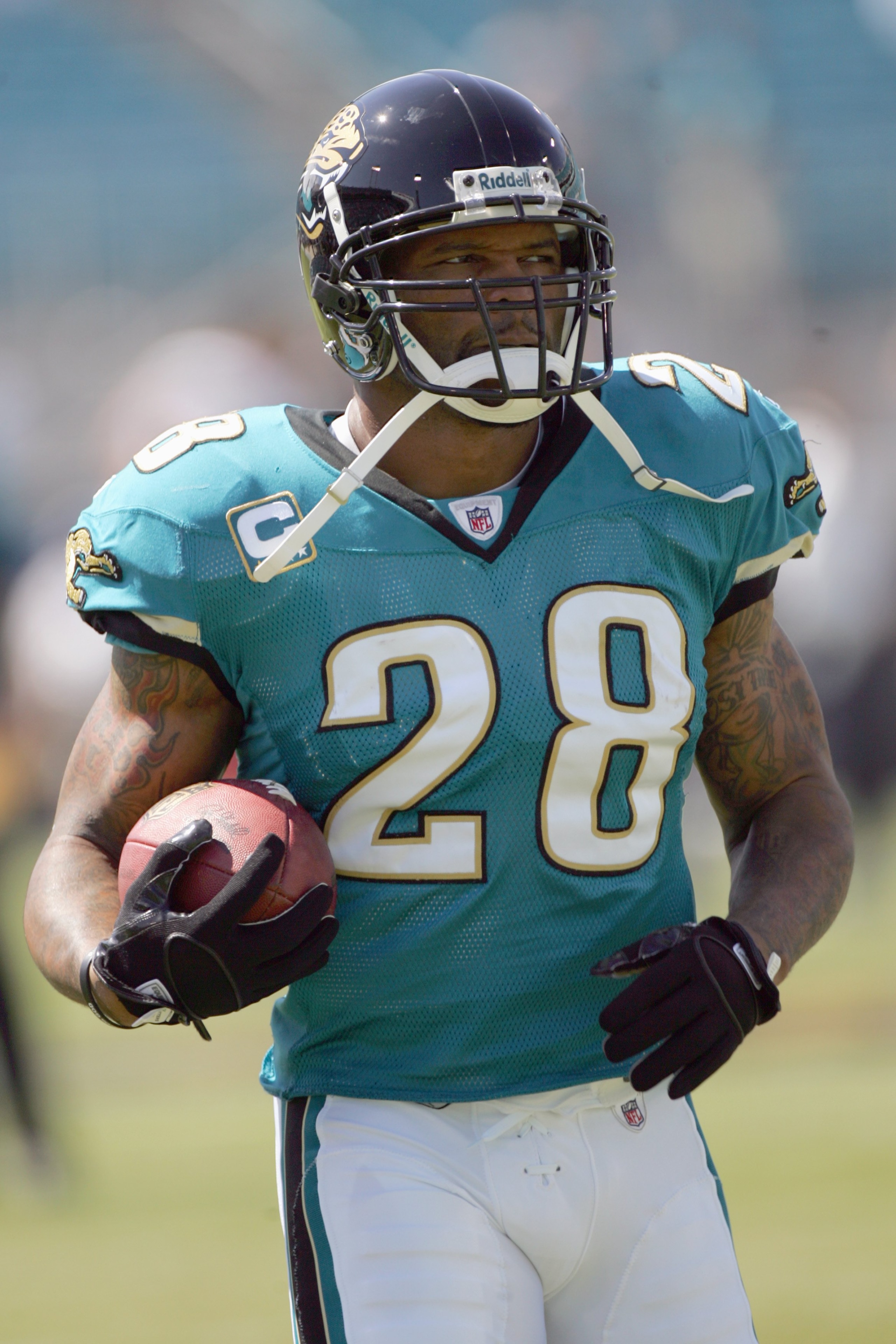 JACKSONVILLE, FL - SEPTEMBER 28:  Fred Taylor #28 of the Jacksonville Jaguars carries the ball before the game against the Houston Texans at Jacksonville Municipal Stadium on September 28, 2008 in Jacksonville, Florida.  (Photo by Sam Greenwood/Getty Imag