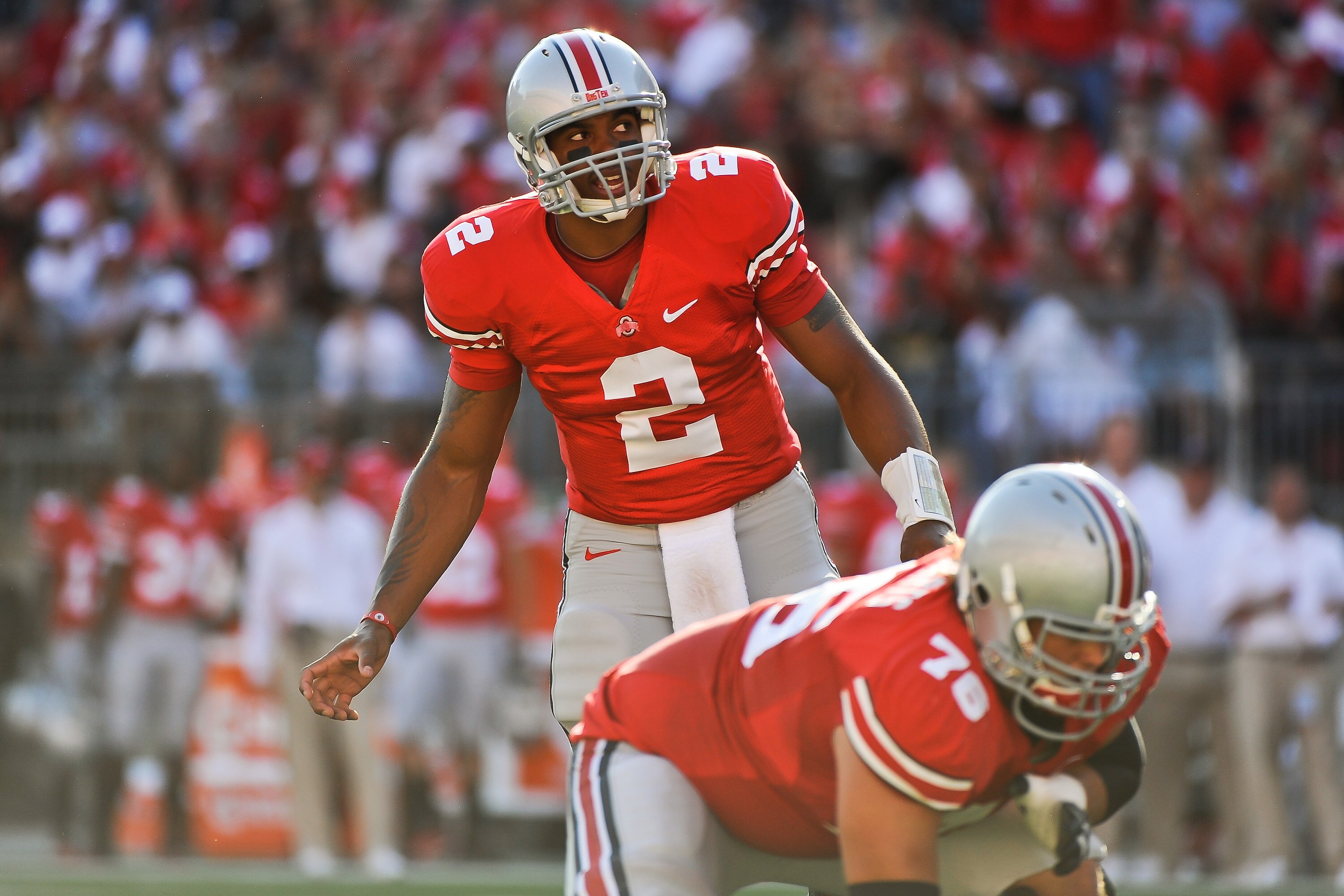 COLUMBUS, OH - SEPTEMBER 25:  Terrelle Pryor #2 of the Ohio State Buckeyes prepares to take the snap against the Eastern Michigan Eagles at Ohio Stadium on September 25, 2010 in Columbus, Ohio.  Ohio State won 73-20. (Photo by Jamie Sabau/Getty Images)
