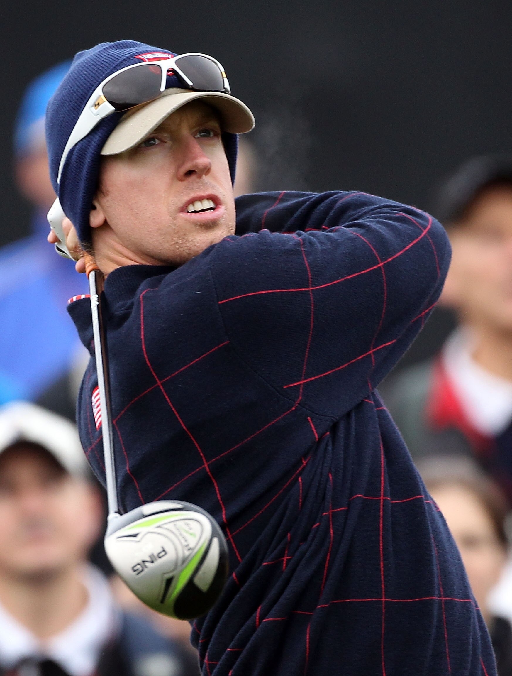 NEWPORT, WALES - SEPTEMBER 30:  Hunter Mahan of the USA tees off during a practice round prior to the 2010 Ryder Cup at the Celtic Manor Resort on September 30, 2010 in Newport, Wales.  (Photo by Andy Lyons/Getty Images)